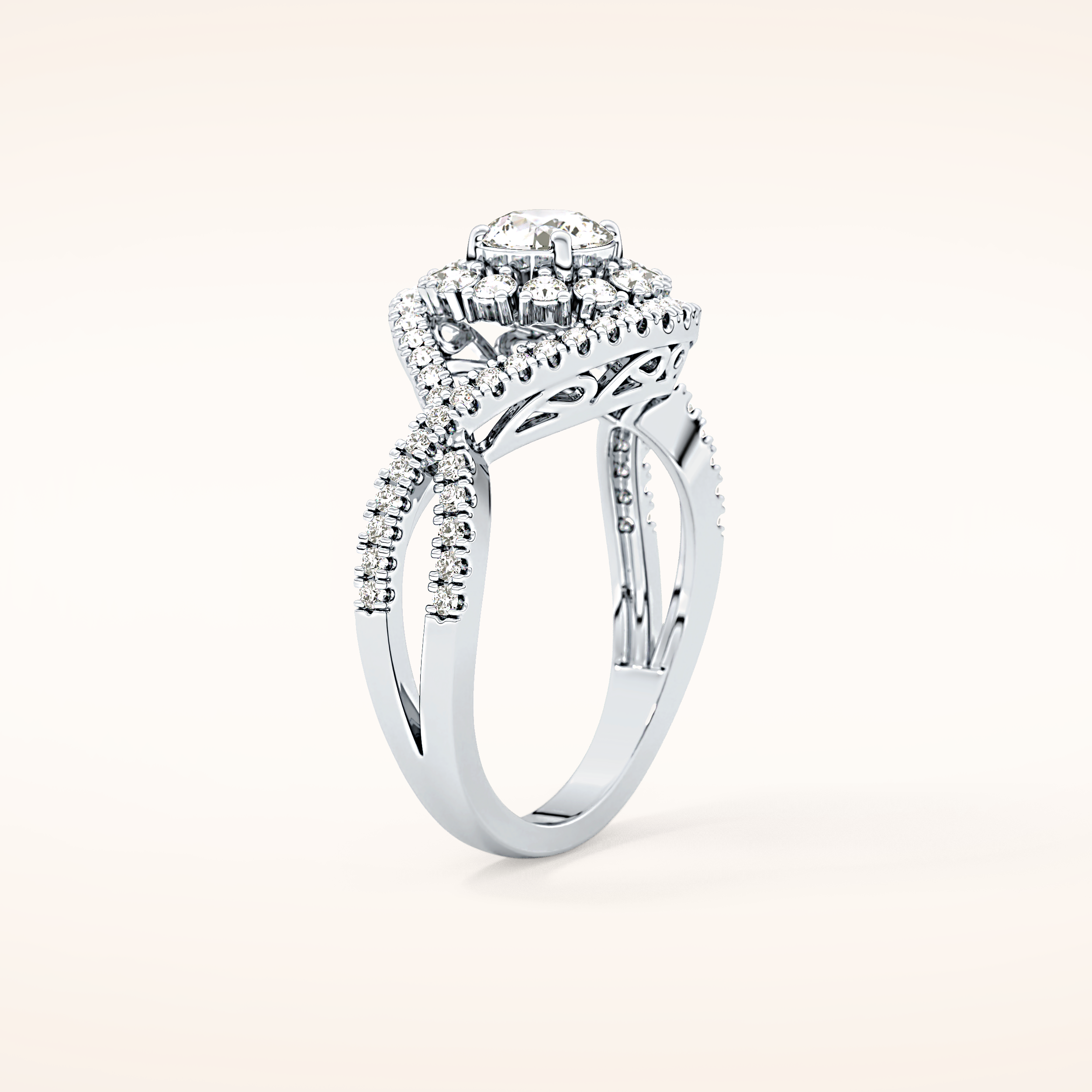 0.45 CT Round Shaped Halo & Criss-Cross Pave Moissanite Engagement Ring