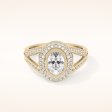 0.91 CT Oval Shaped Double Halo, Pave & Split Shank Moissanite Engagement Ring
