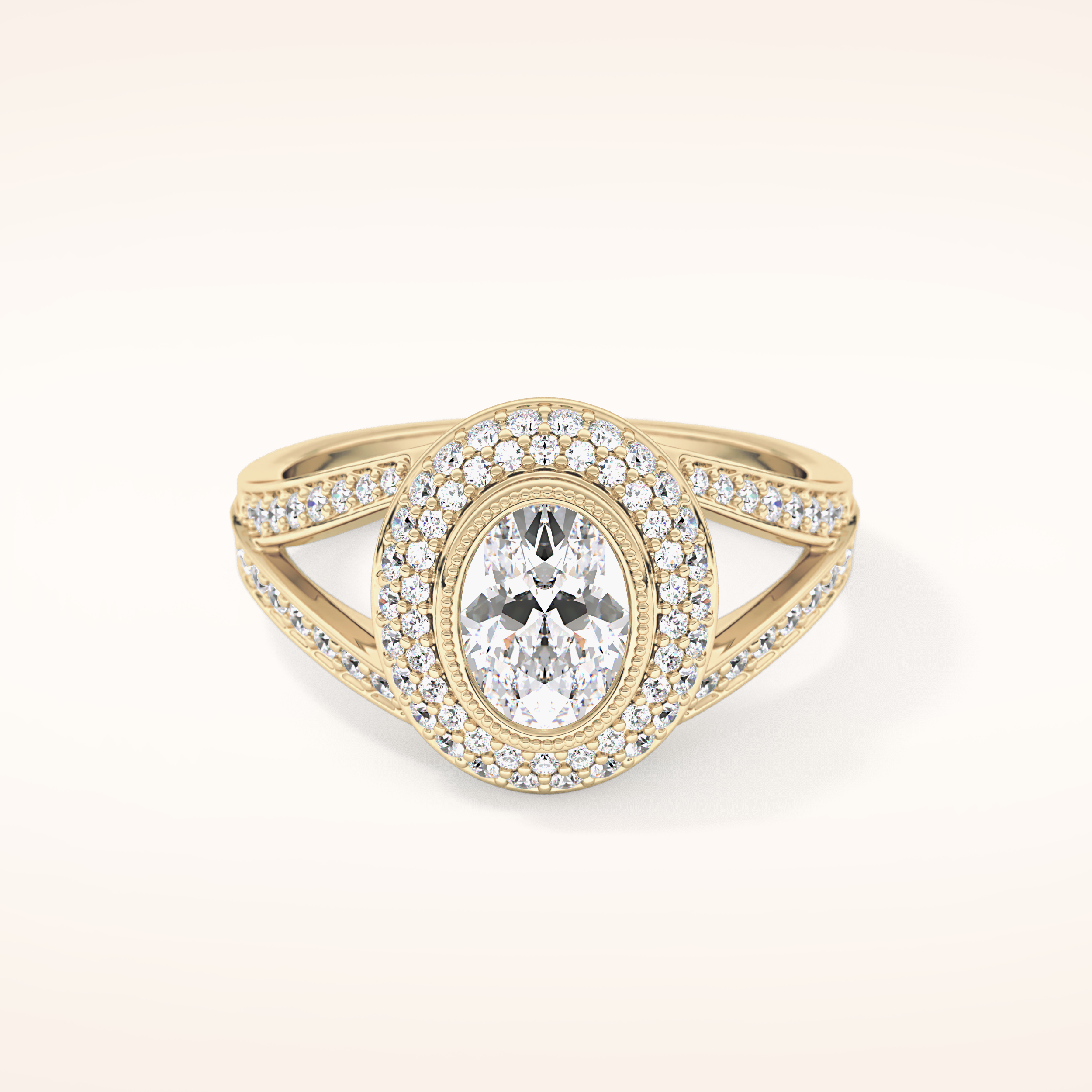 0.91 CT Oval Shaped Double Halo, Pave & Split Shank Moissanite Engagement Ring
