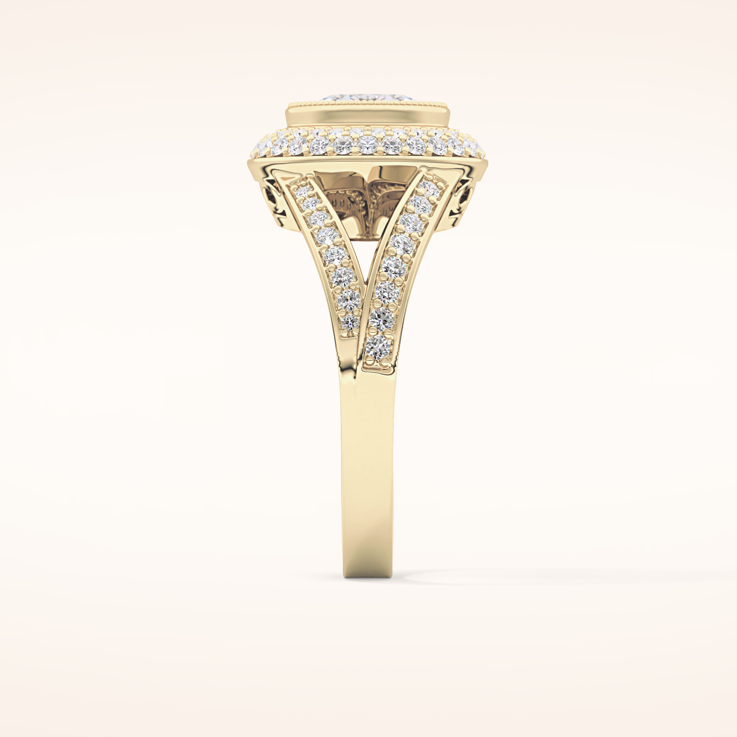 0.91 CT Oval Shaped Double Halo, Pave & Split Shank Moissanite Engagement Ring