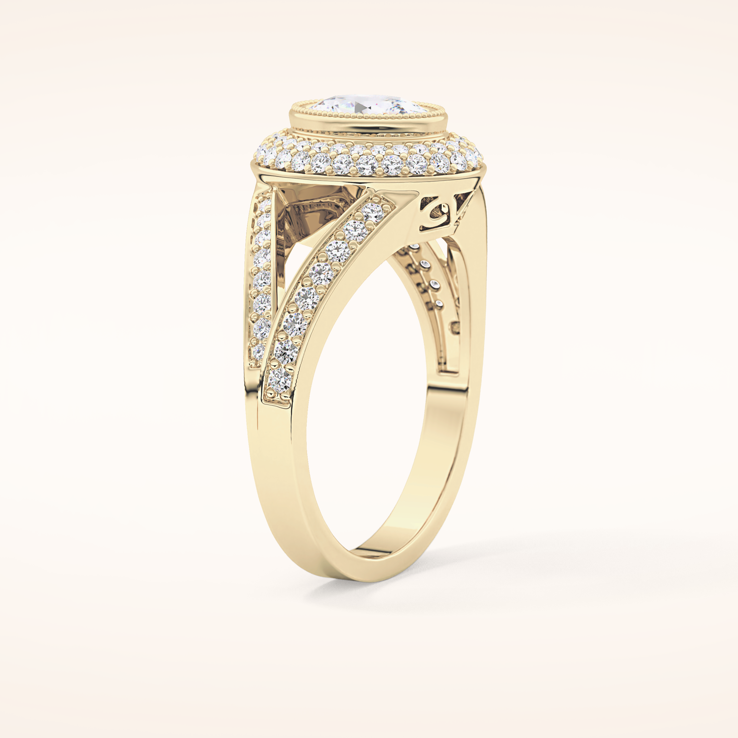0.91 CT Oval Shaped Double Halo, Pave & Split Shank Moissanite Engagement Ring