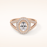 0.91 CT Oval Shaped Double Halo, Pave & Split Shank Moissanite Engagement Ring