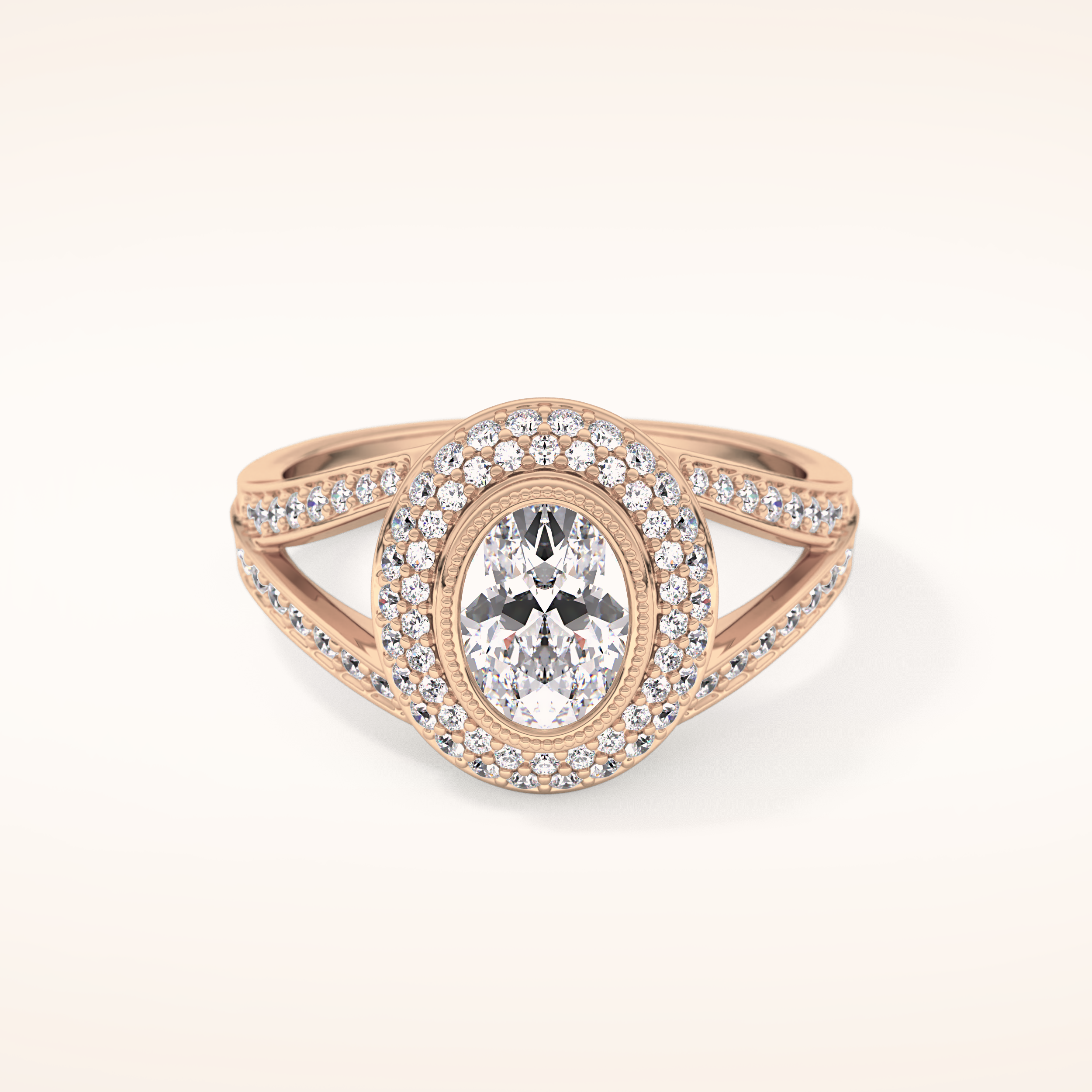 0.91 CT Oval Shaped Double Halo, Pave & Split Shank Moissanite Engagement Ring