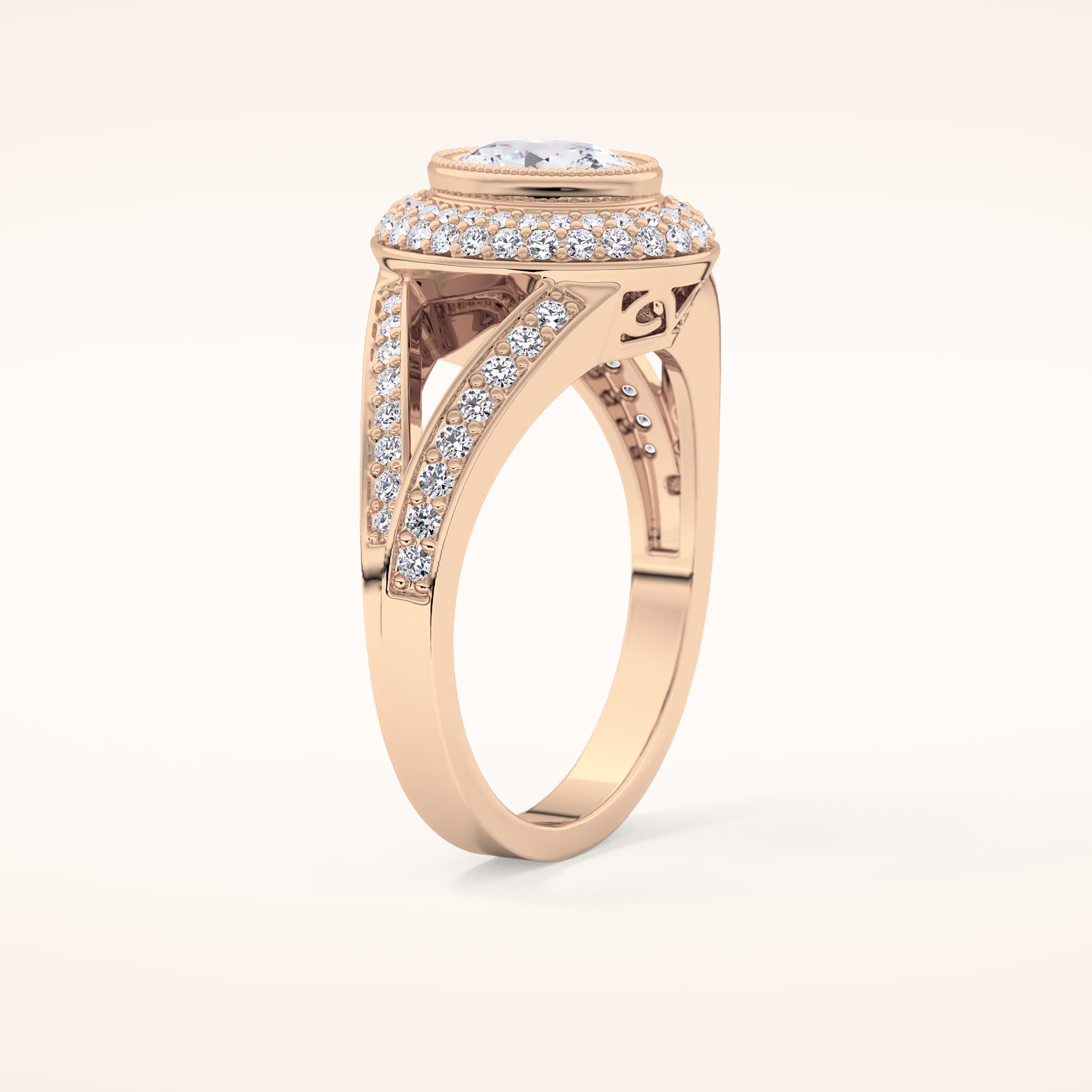 0.91 CT Oval Shaped Double Halo, Pave & Split Shank Moissanite Engagement Ring