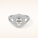 0.91 CT Oval Shaped Double Halo, Pave & Split Shank Moissanite Engagement Ring