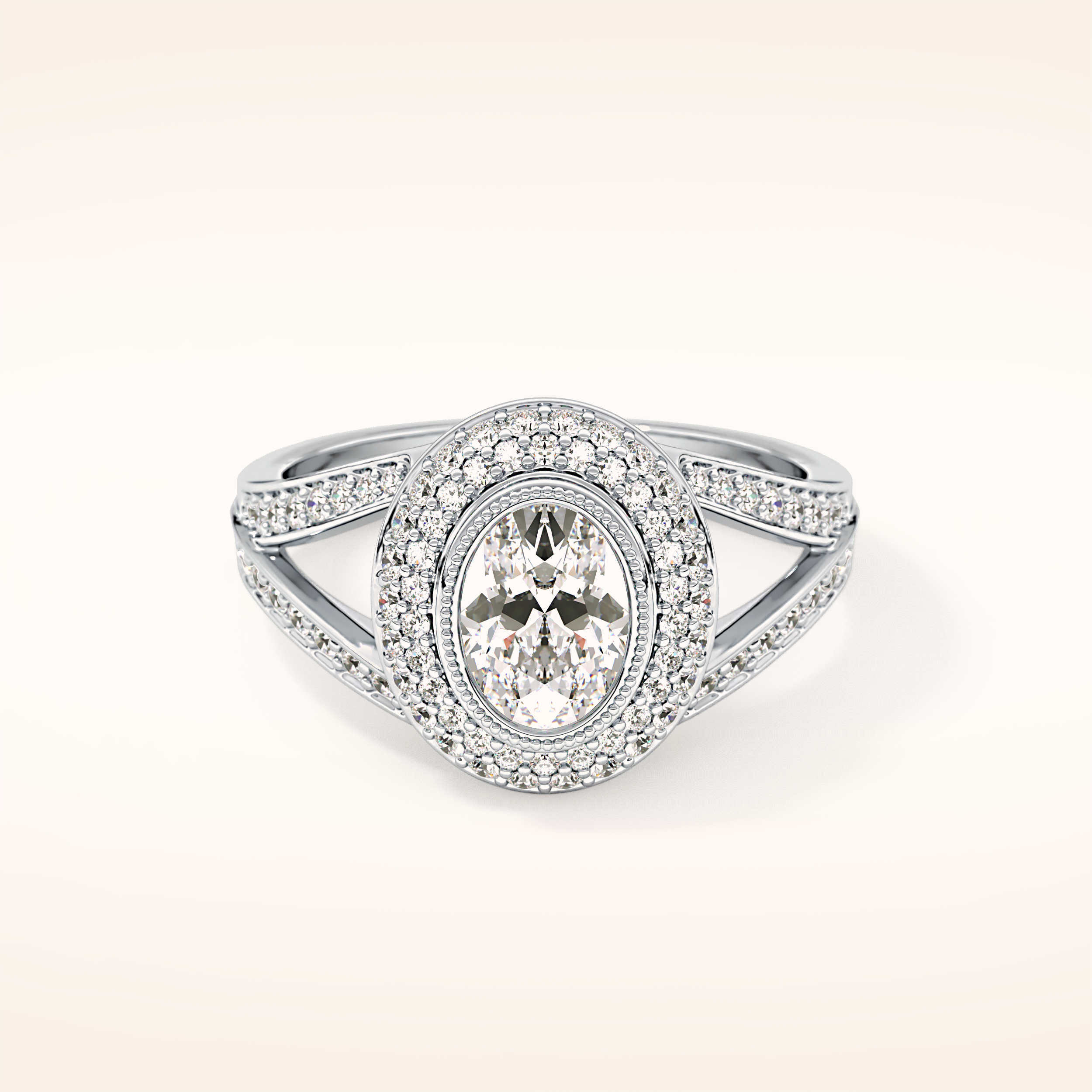 0.91 CT Oval Shaped Double Halo, Pave & Split Shank Moissanite Engagement Ring