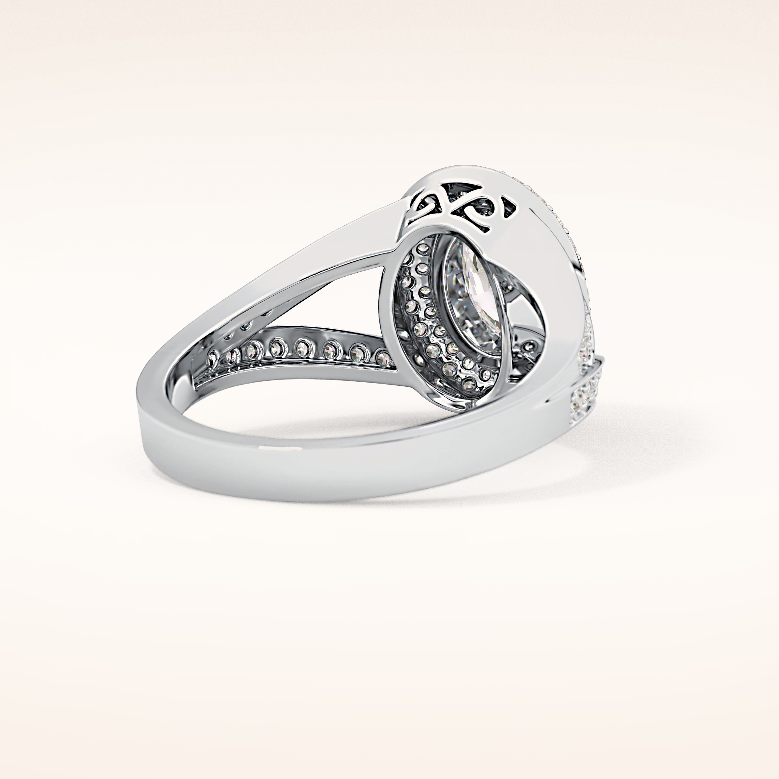 0.91 CT Oval Shaped Double Halo, Pave & Split Shank Moissanite Engagement Ring