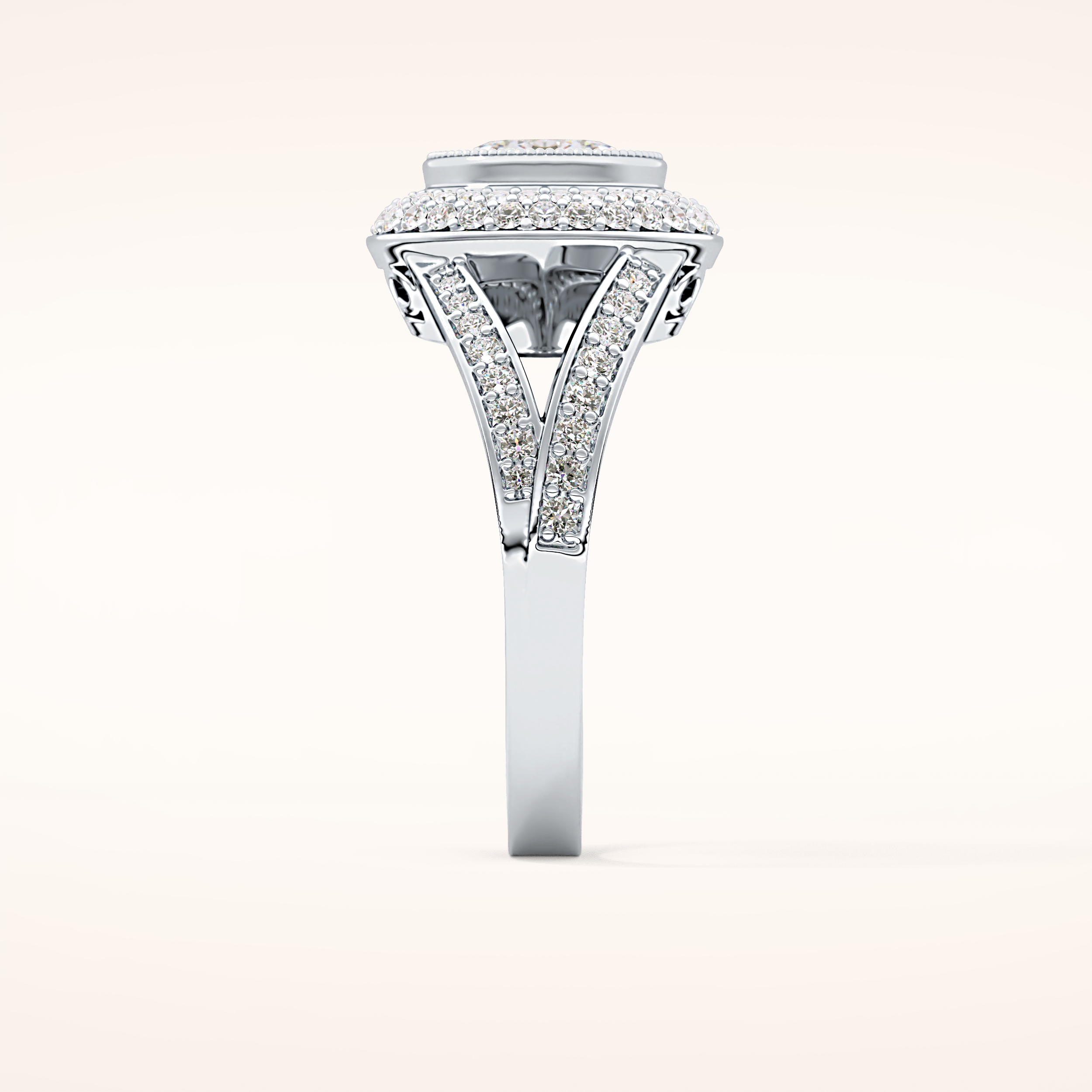 0.91 CT Oval Shaped Double Halo, Pave & Split Shank Moissanite Engagement Ring
