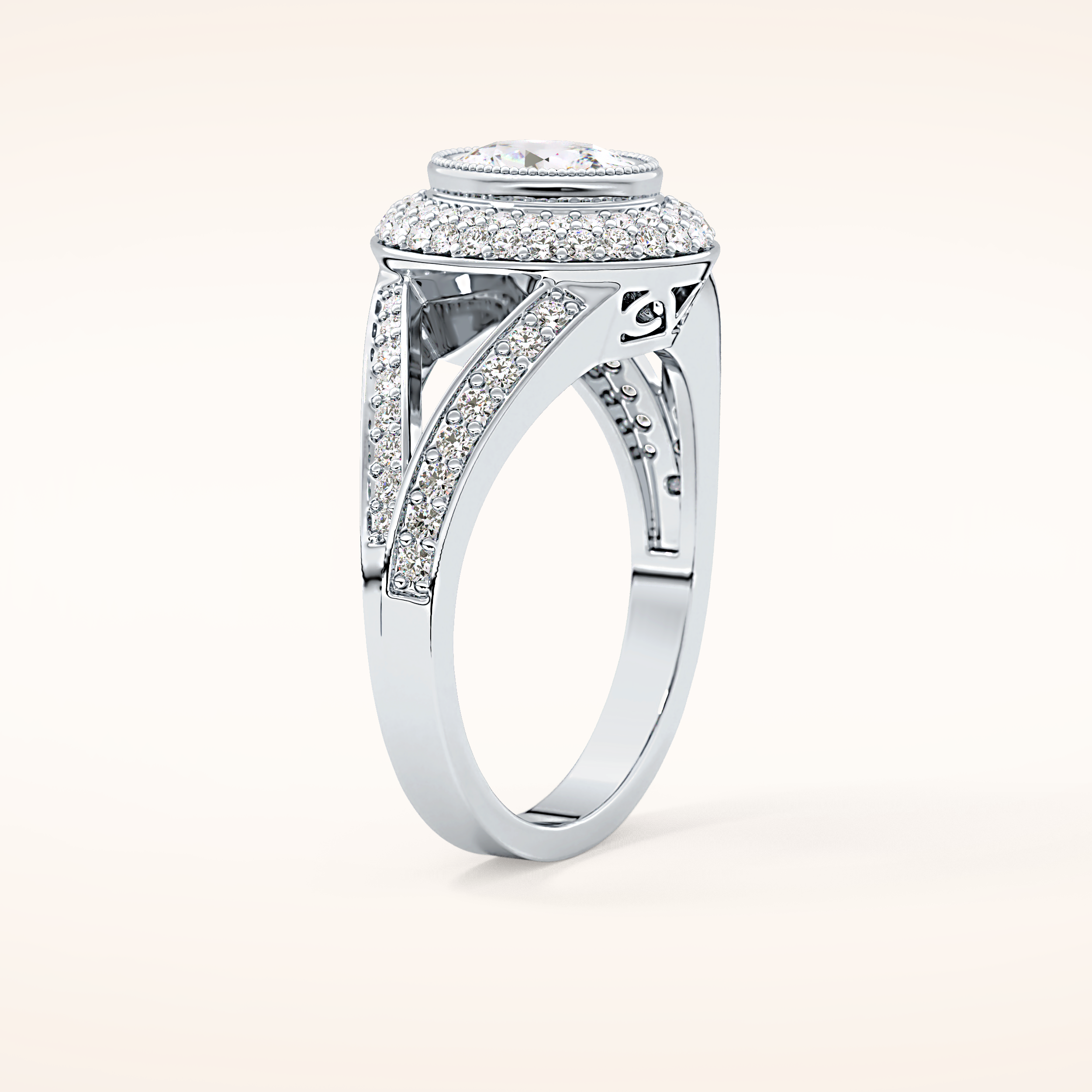 0.91 CT Oval Shaped Double Halo, Pave & Split Shank Moissanite Engagement Ring