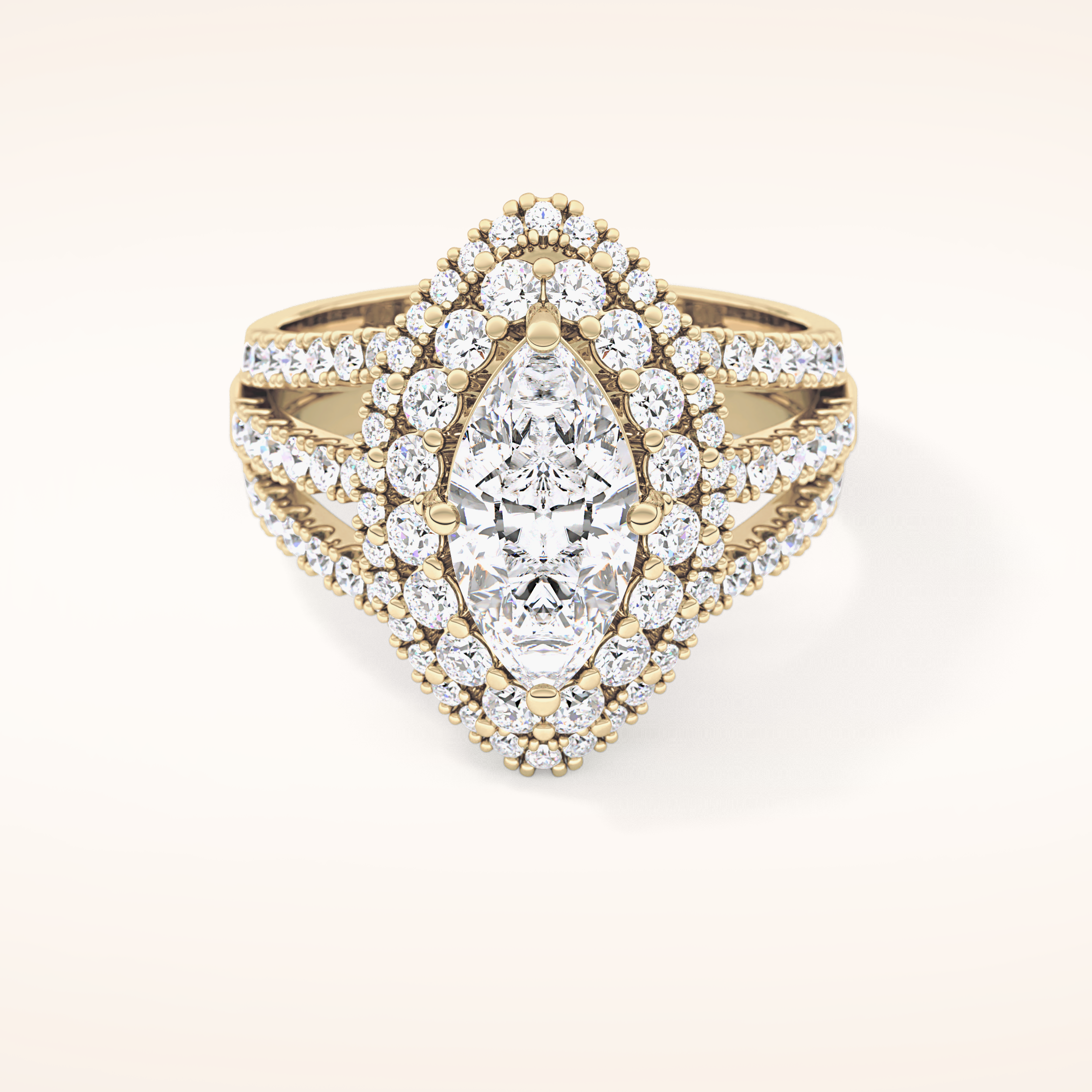 1.5 CT Marquise Shaped Double Halo, Pave & Split Shank Moissanite Engagement Ring