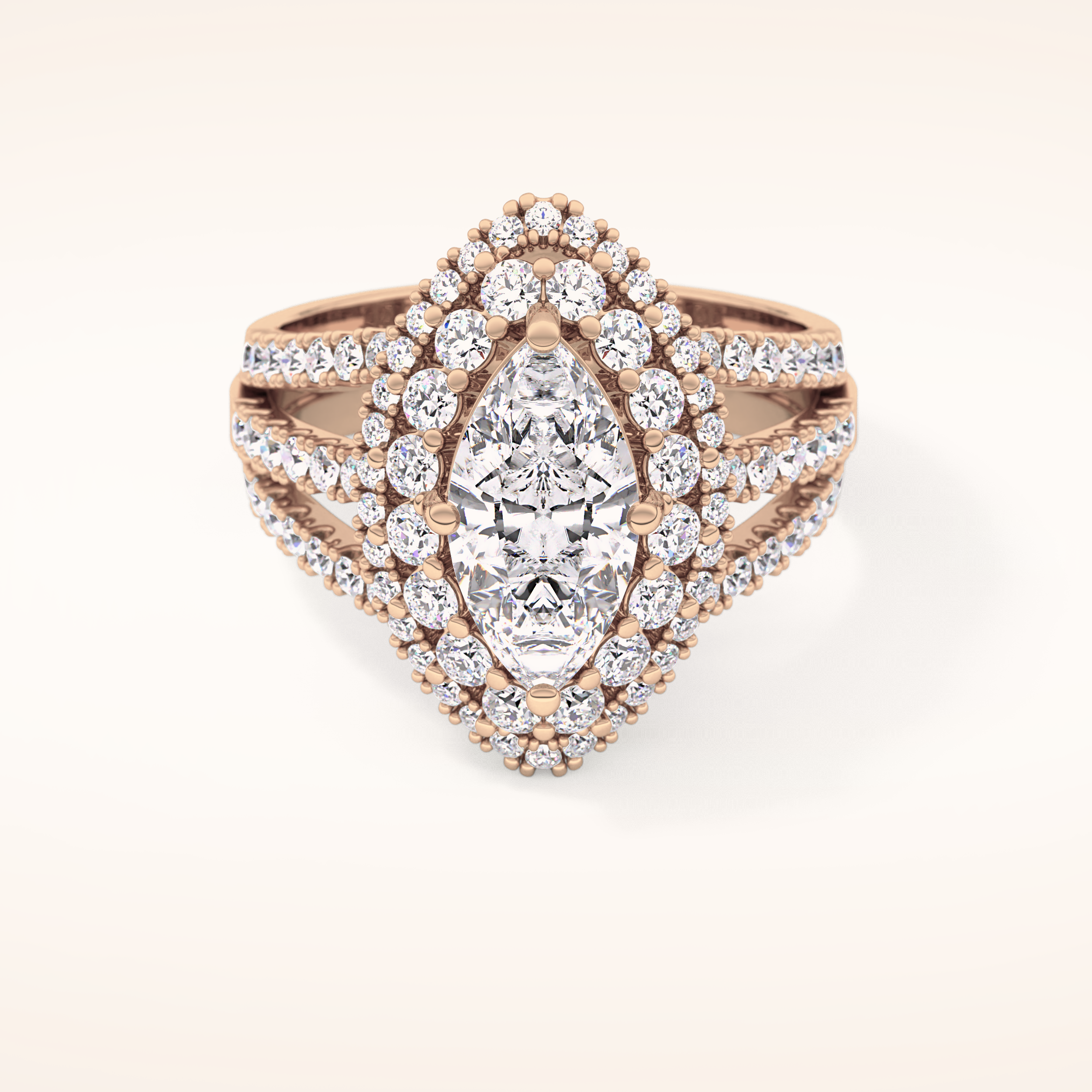 1.5 CT Marquise Shaped Double Halo, Pave & Split Shank Moissanite Engagement Ring