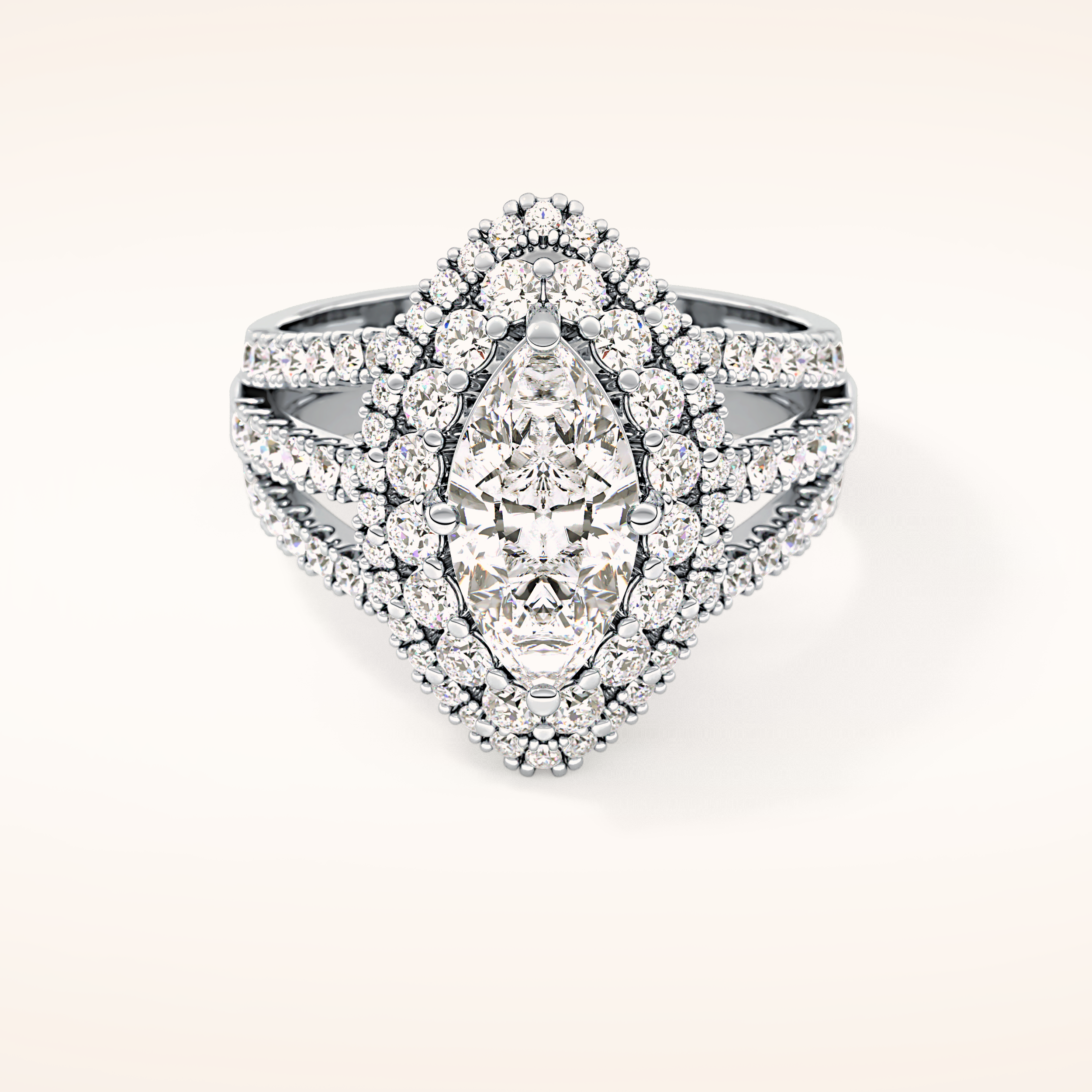 1.5 CT Marquise Shaped Double Halo, Pave & Split Shank Moissanite Engagement Ring