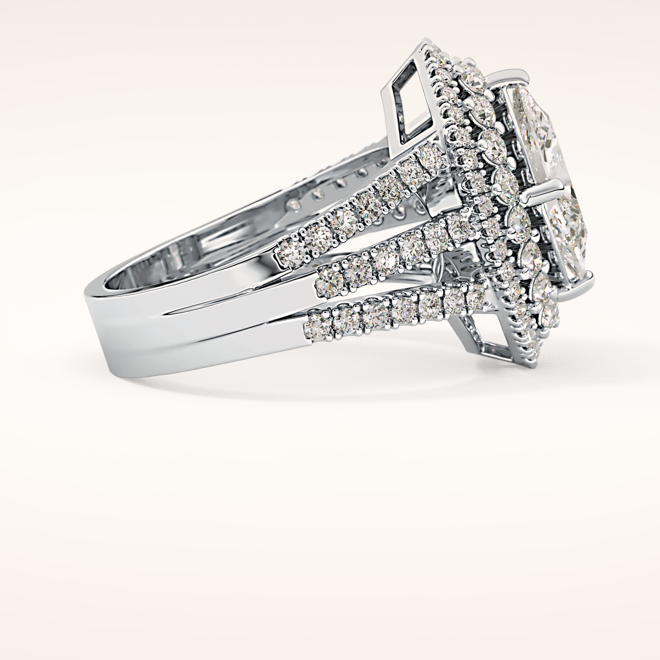 1.5 CT Marquise Shaped Double Halo, Pave & Split Shank Moissanite Engagement Ring