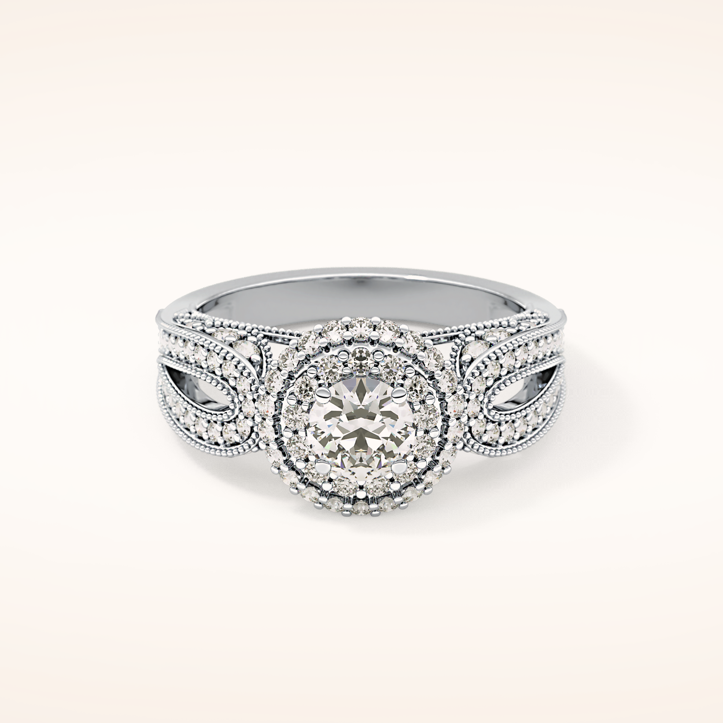 0.49 CT Round Shaped Double Halo & Pave Moissanite Engagement Ring