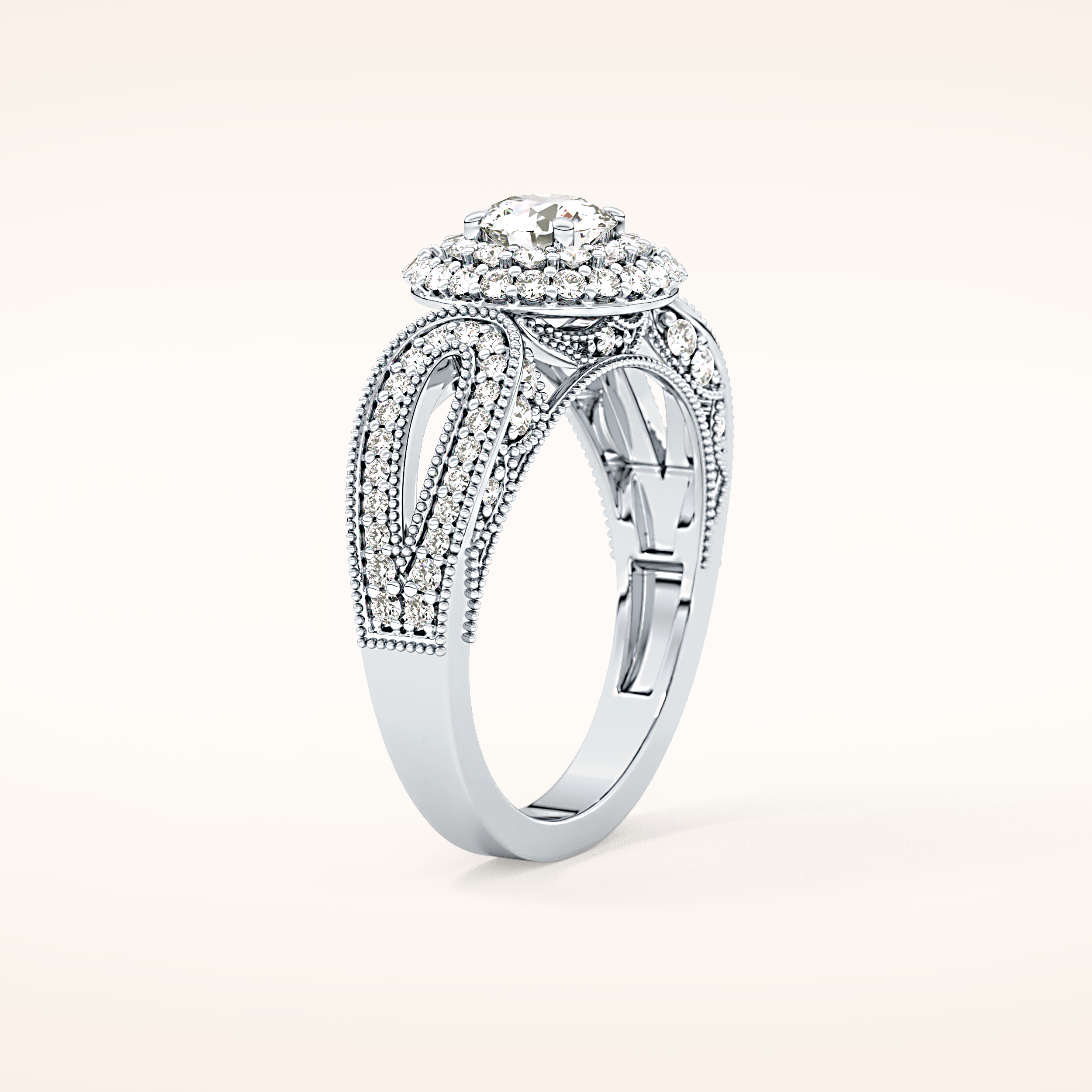 0.49 CT Round Shaped Double Halo & Pave Moissanite Engagement Ring