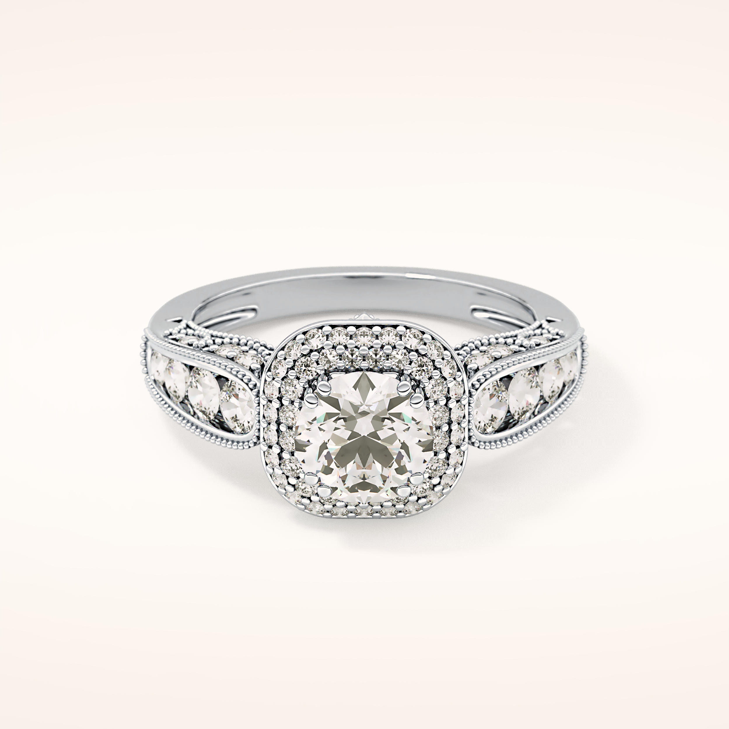 1.05 CT Round Shaped Double Halo & Pave Moissanite Engagement Ring