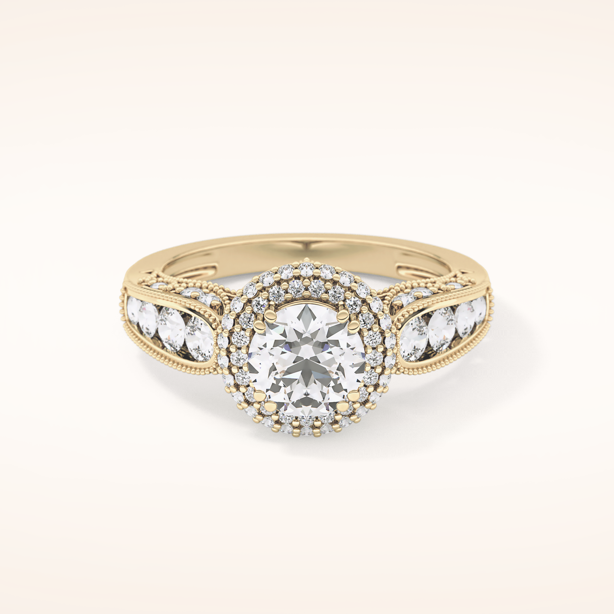 1.05 CT Round Shaped Double Halo & Pave Moissanite Engagement Ring