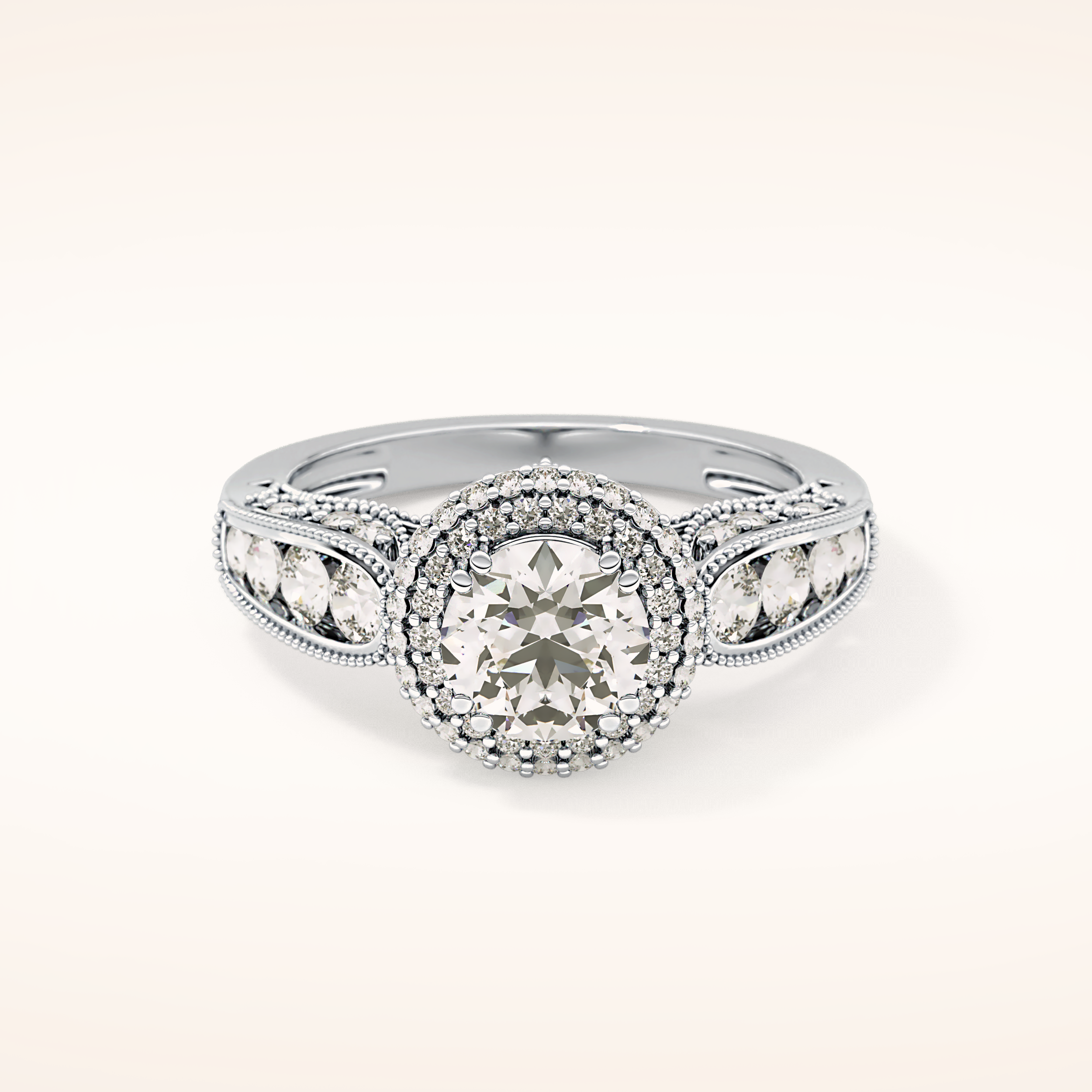 1.05 CT Round Shaped Double Halo & Pave Moissanite Engagement Ring