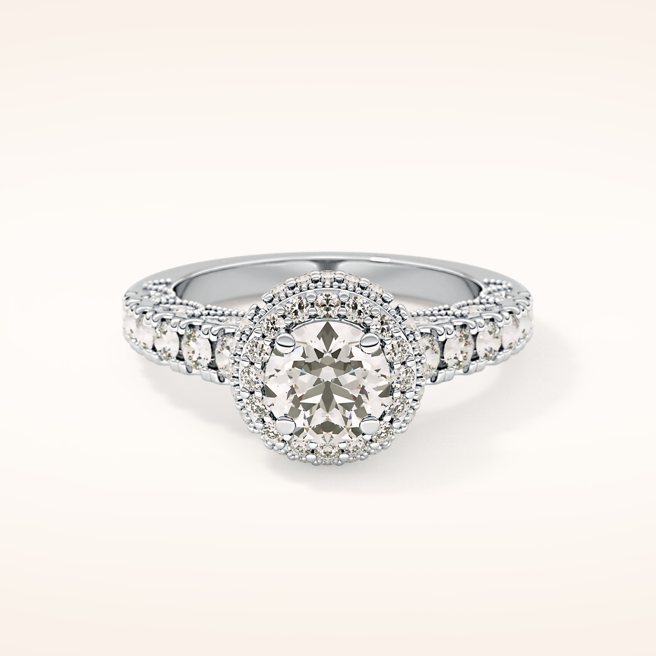 1.05 CT Round Shaped Halo & Pave Moissanite Engagement Ring