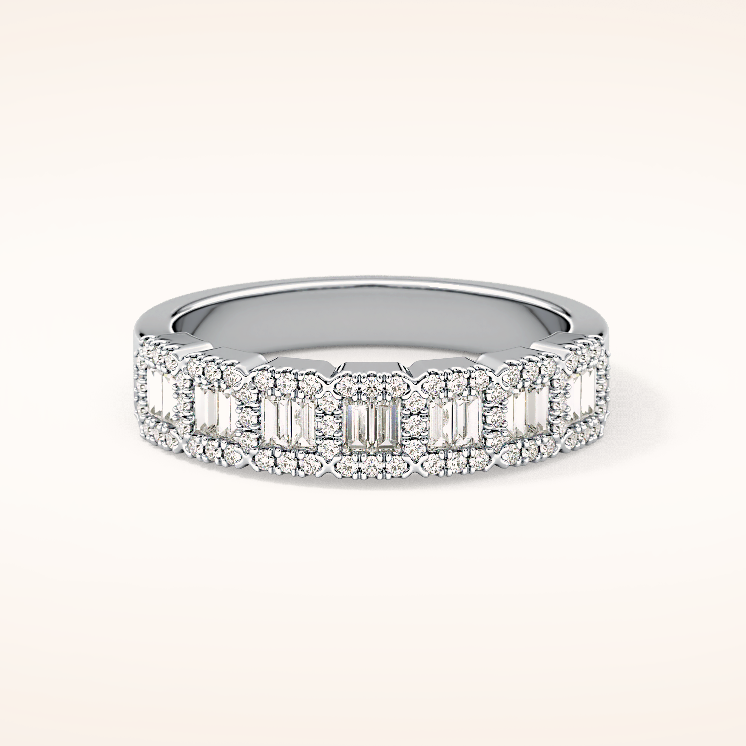 0.71 TCW Round & Baguette Shaped Moissanite Half Eternity Wedding Band