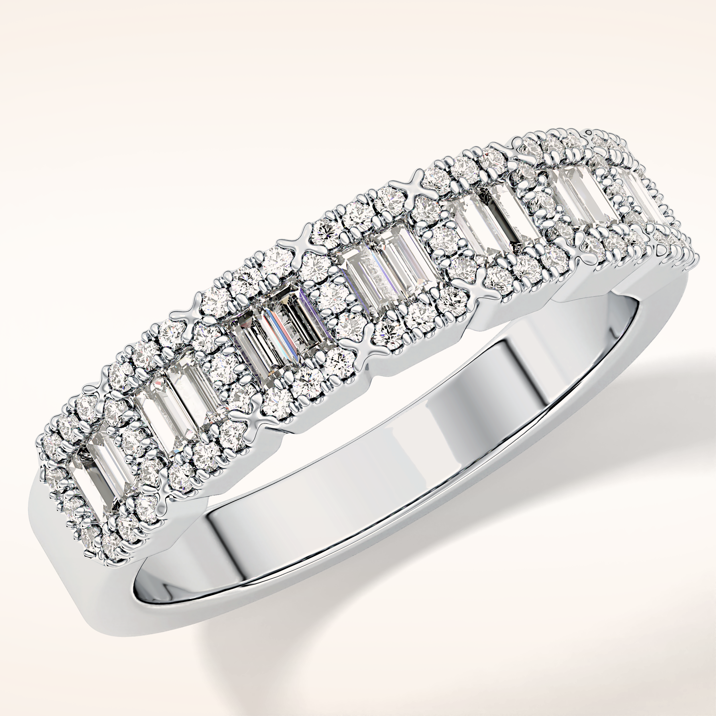 0.71 TCW Round & Baguette Shaped Moissanite Half Eternity Wedding Band