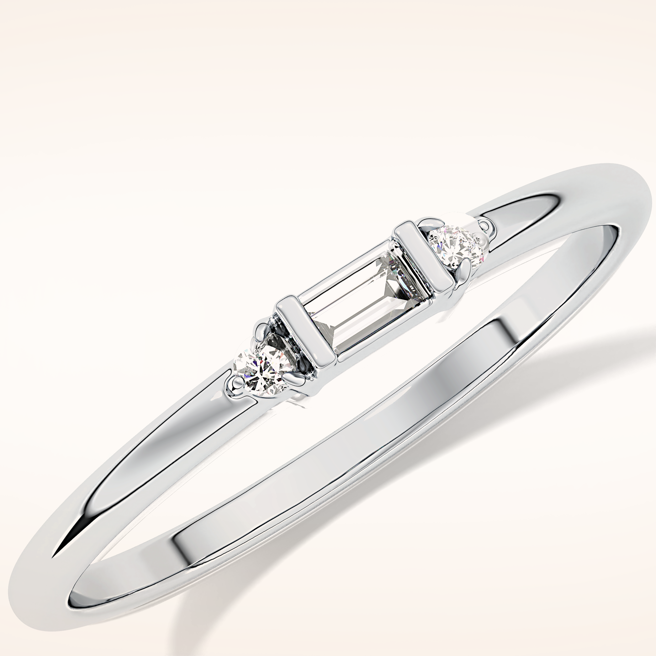 0.097 TCW Round & Baguette Shaped Moissanite Three Stone Wedding Band