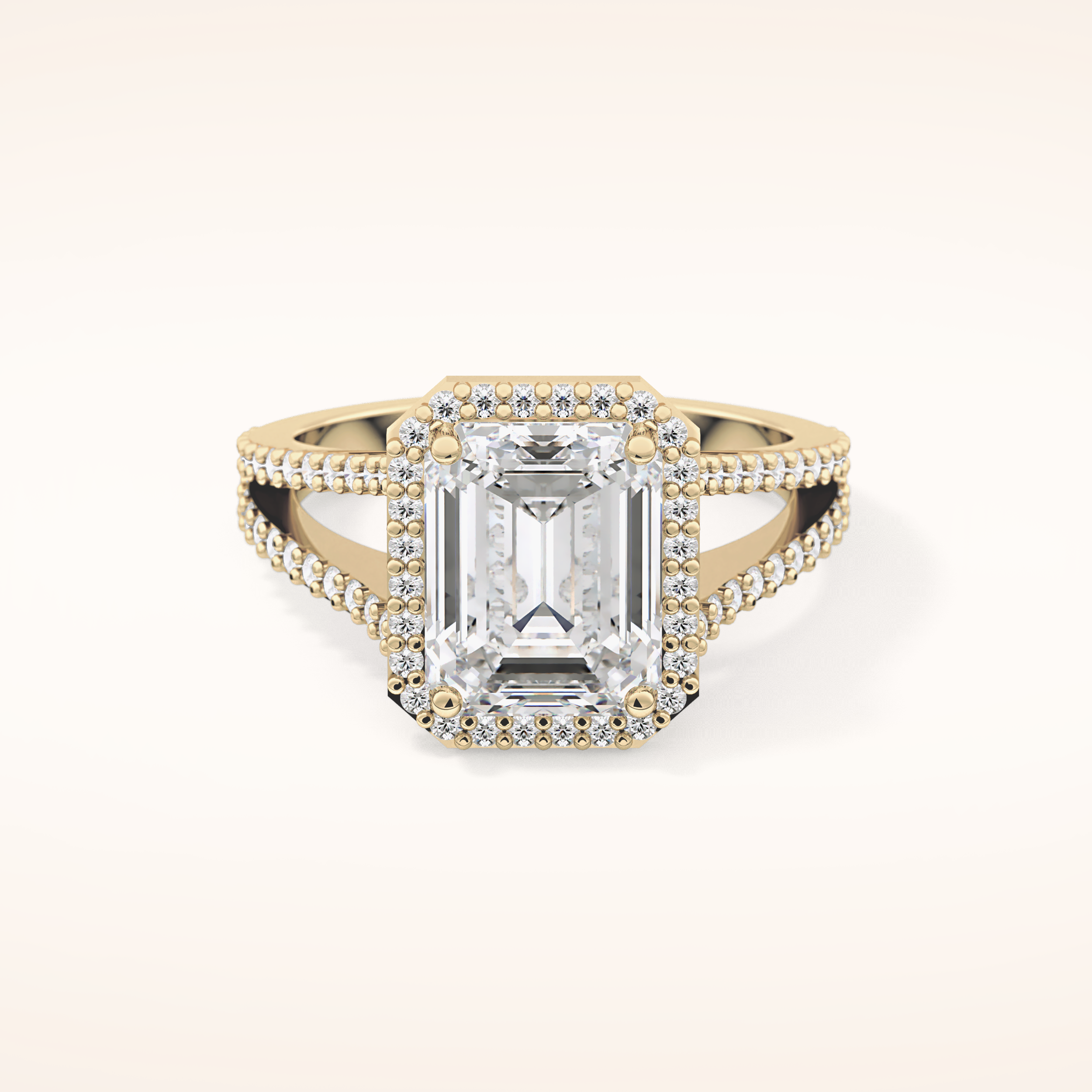 3.1 CT Emerald Shaped Split Shank & Halo Moissanite Engagement Ring