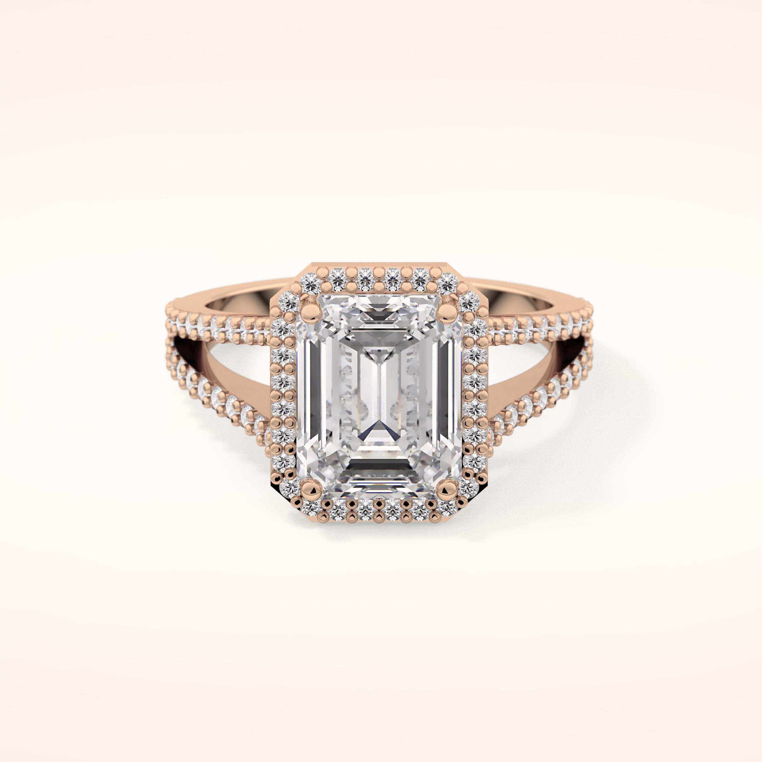 3.1 CT Emerald Shaped Split Shank & Halo Moissanite Engagement Ring