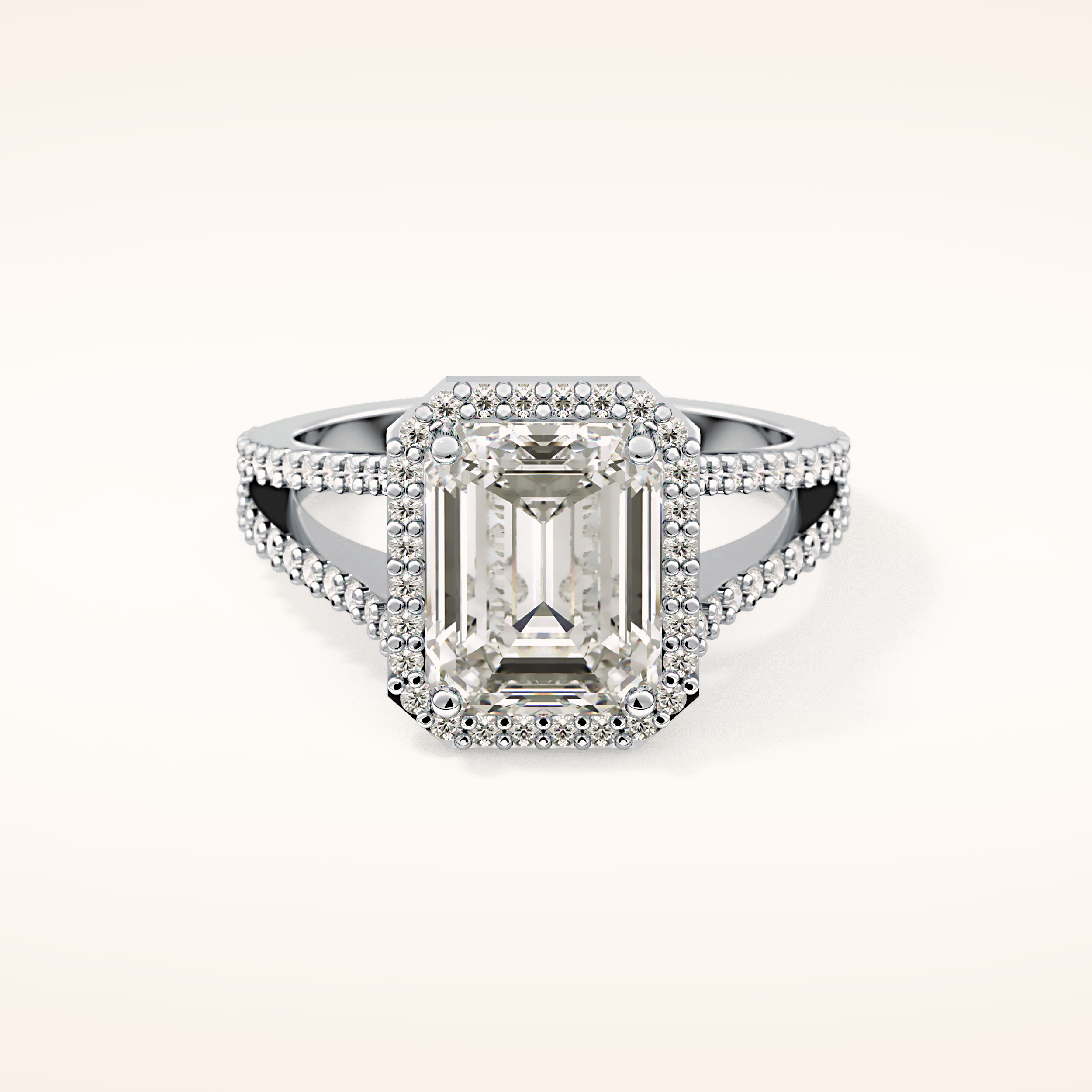 3.1 CT Emerald Shaped Split Shank & Halo Moissanite Engagement Ring