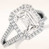 3.1 CT Emerald Shaped Split Shank & Halo Moissanite Engagement Ring