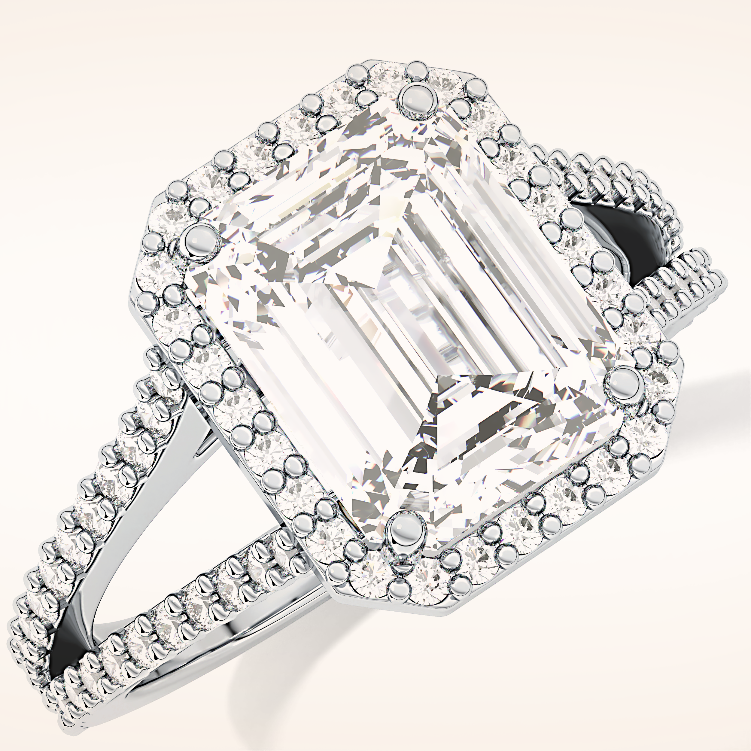 3.1 CT Emerald Shaped Split Shank & Halo Moissanite Engagement Ring