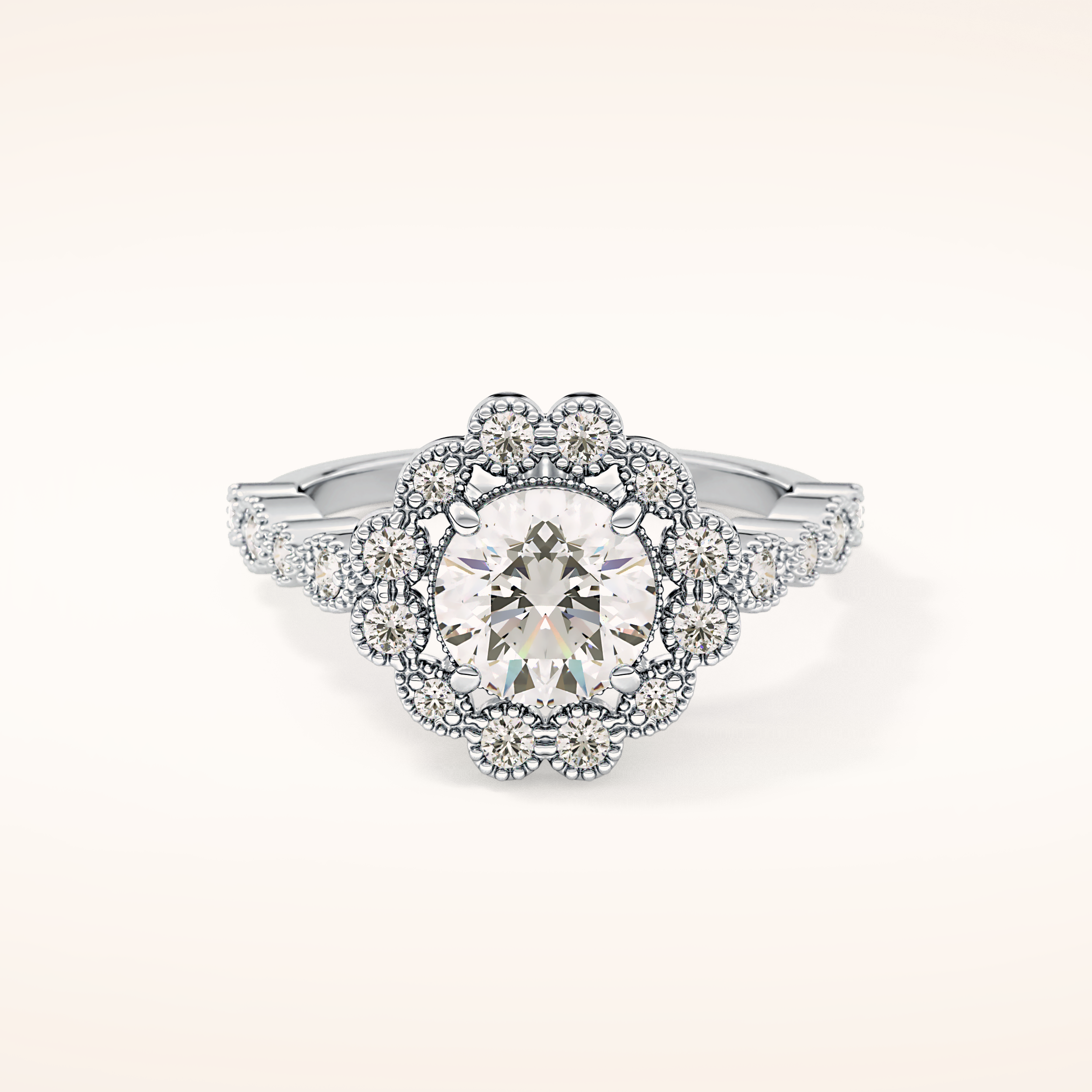 1.34 CT Round Shaped Halo & Pave Moissanite Engagement Ring