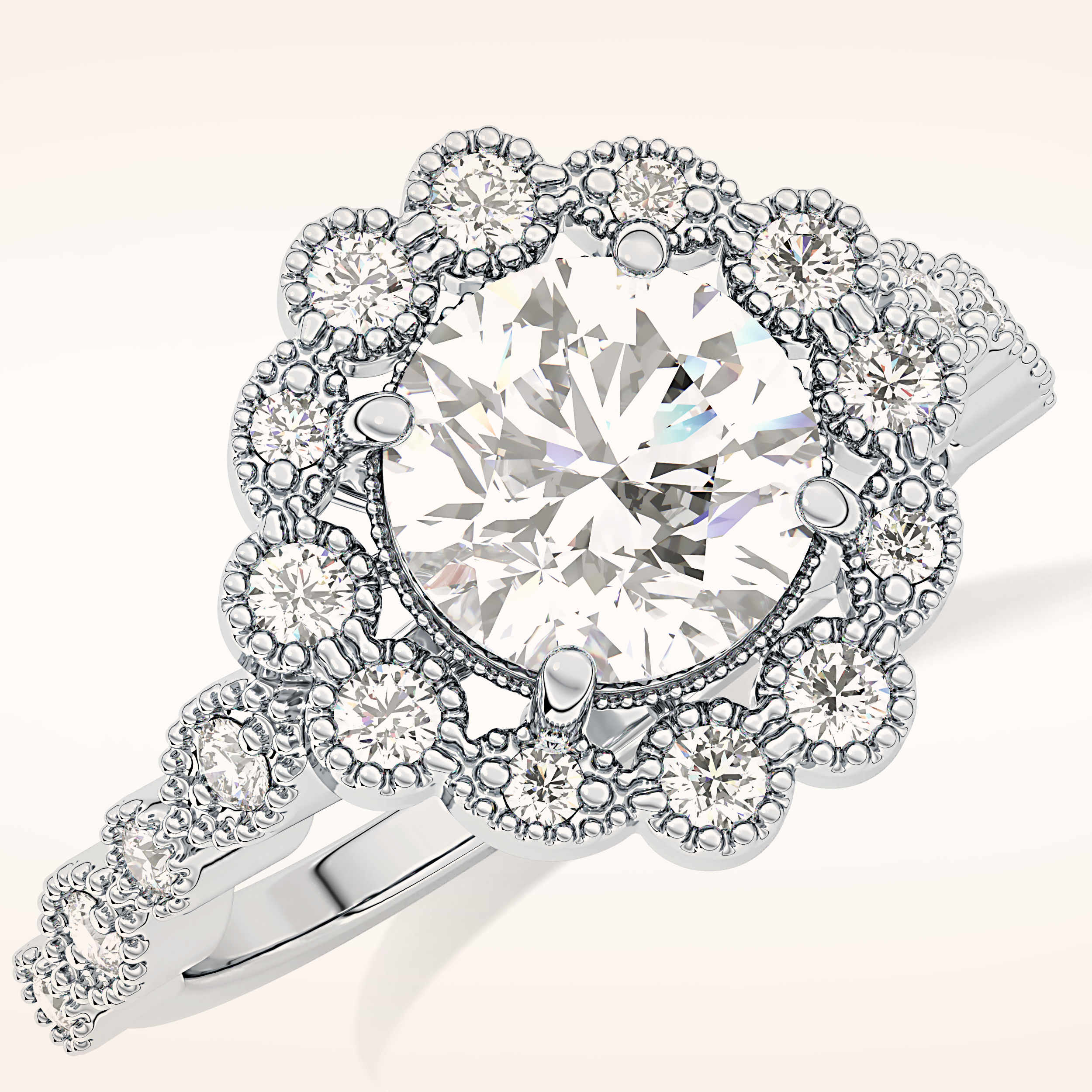 1.34 CT Round Shaped Halo & Pave Moissanite Engagement Ring