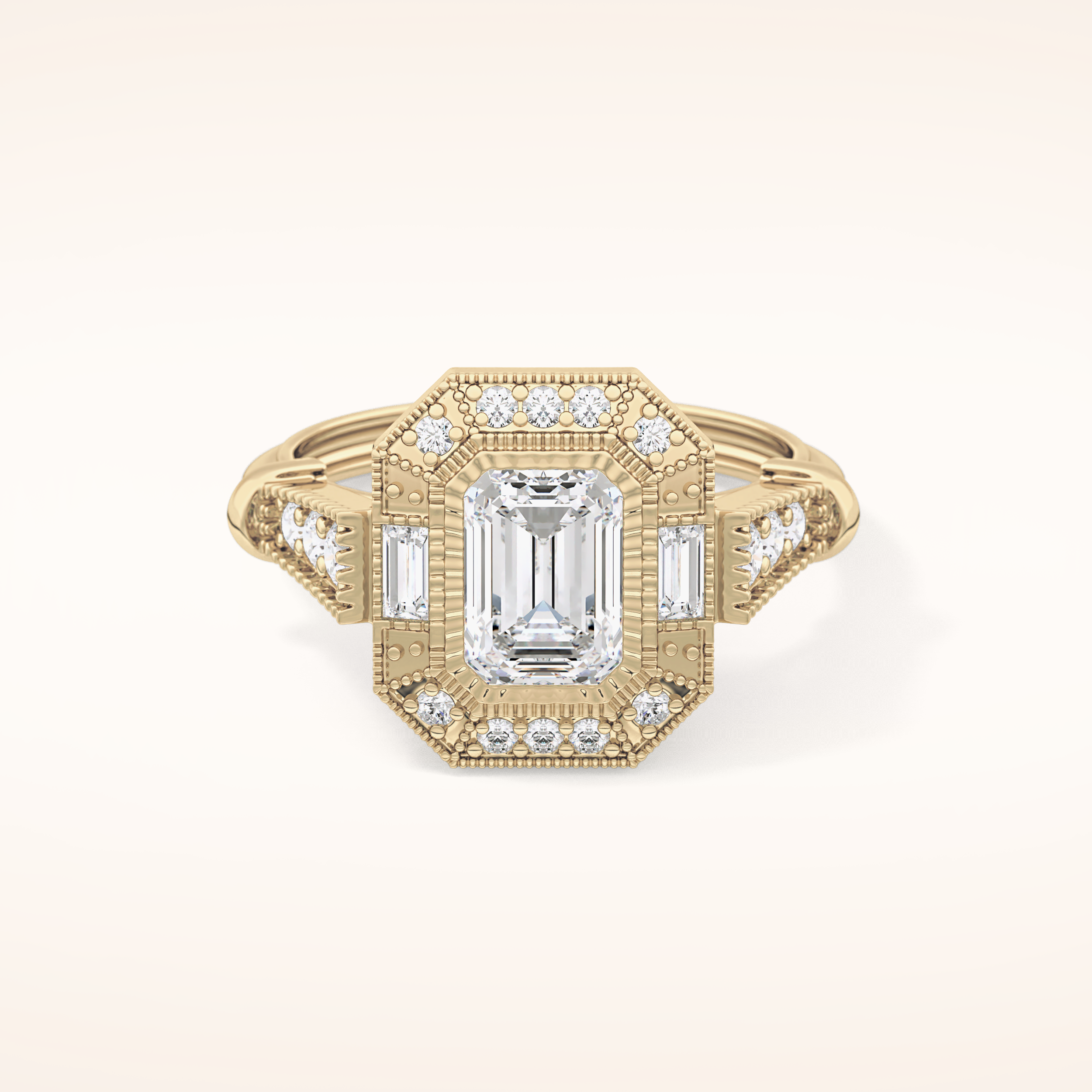 1.13 CT Emerald Shaped Vintage Pave Moissanite Engagement Ring