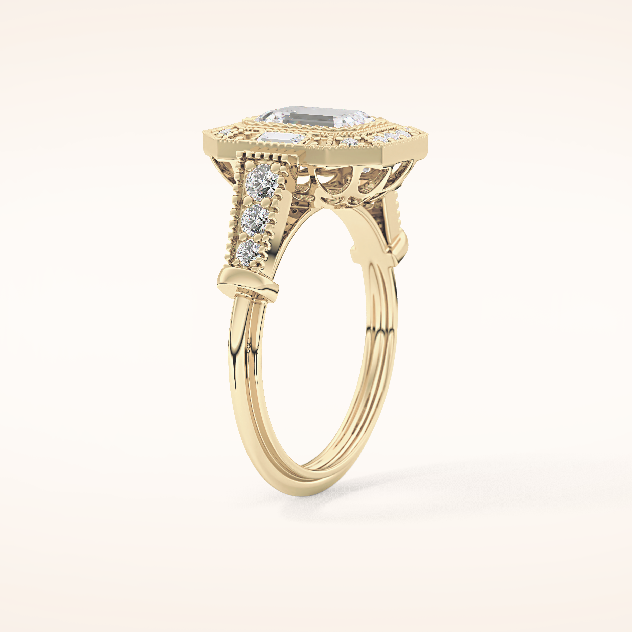 1.13 CT Emerald Shaped Vintage Pave Moissanite Engagement Ring