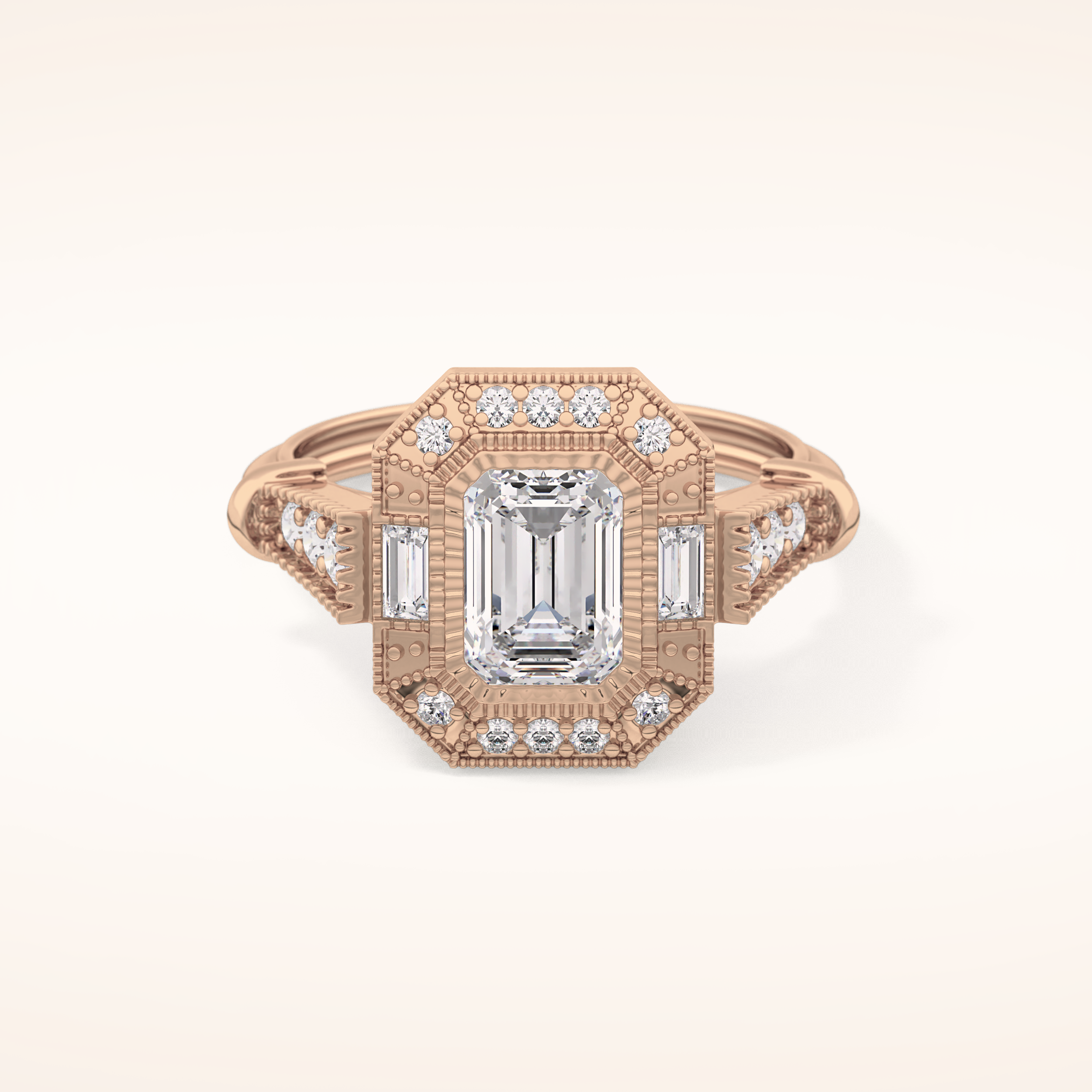 1.13 CT Emerald Shaped Vintage Pave Moissanite Engagement Ring