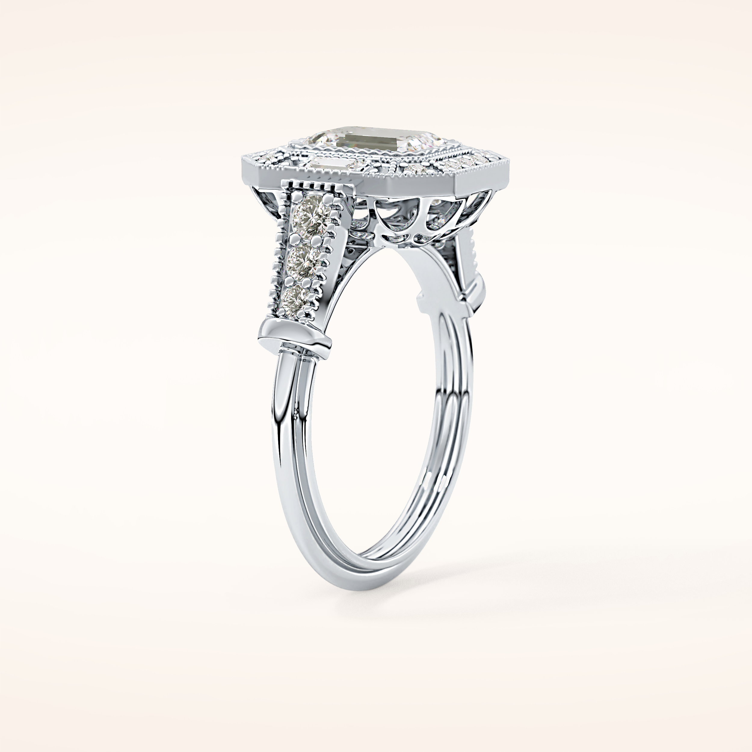 1.13 CT Emerald Shaped Vintage Pave Moissanite Engagement Ring
