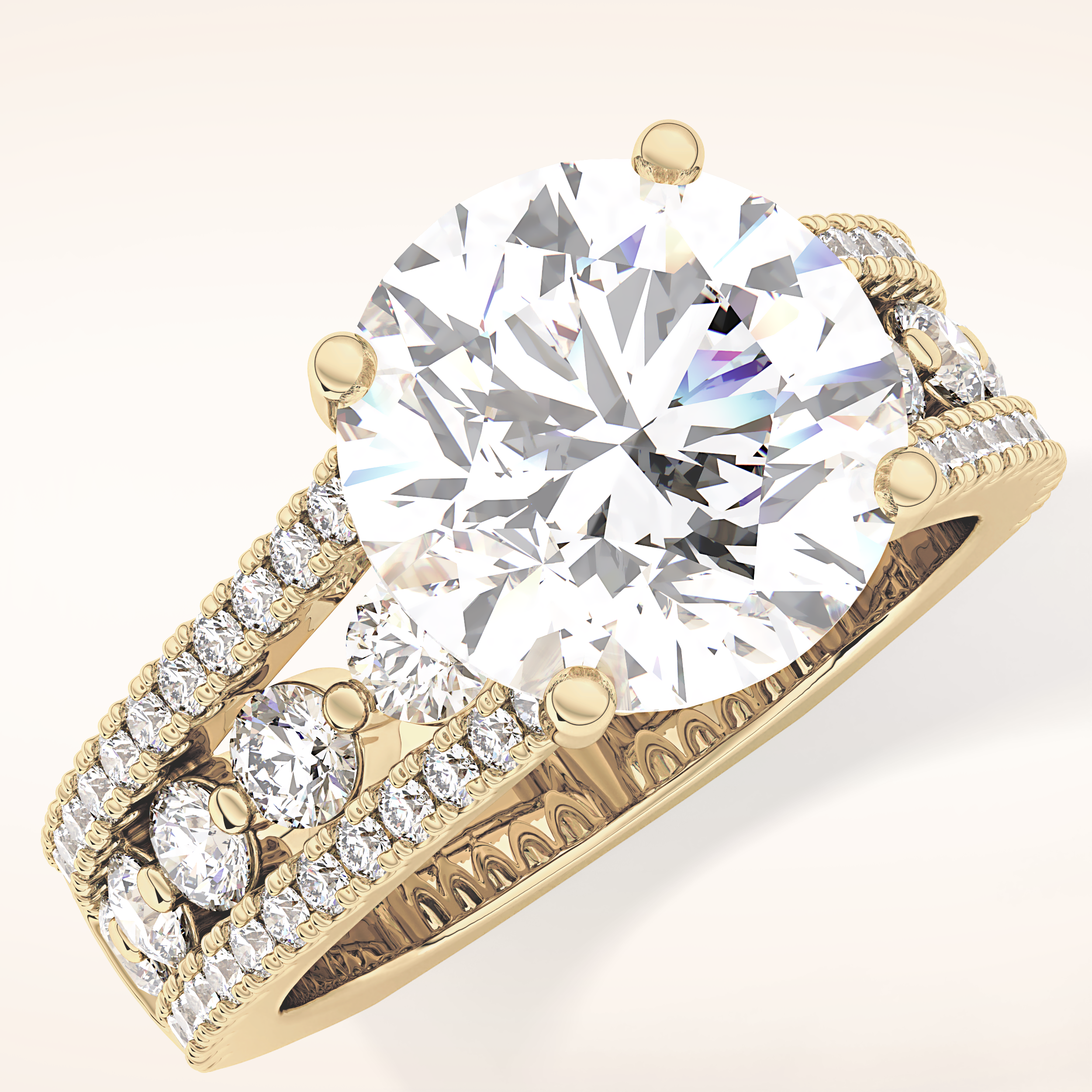 3.91 CT Round Shaped Split Shank & Pave Moissanite Engagement Ring