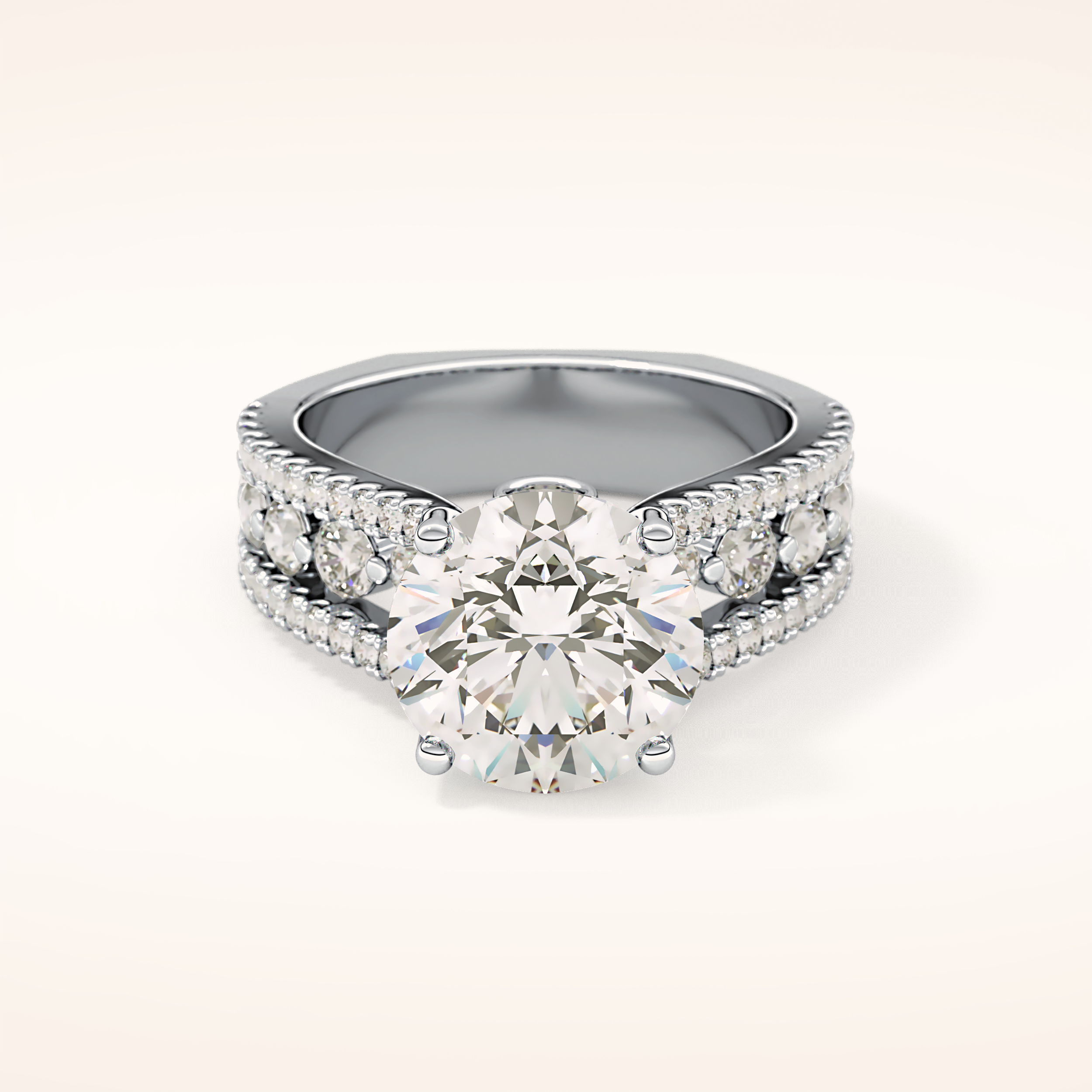 3.91 CT Round Shaped Split Shank & Pave Moissanite Engagement Ring