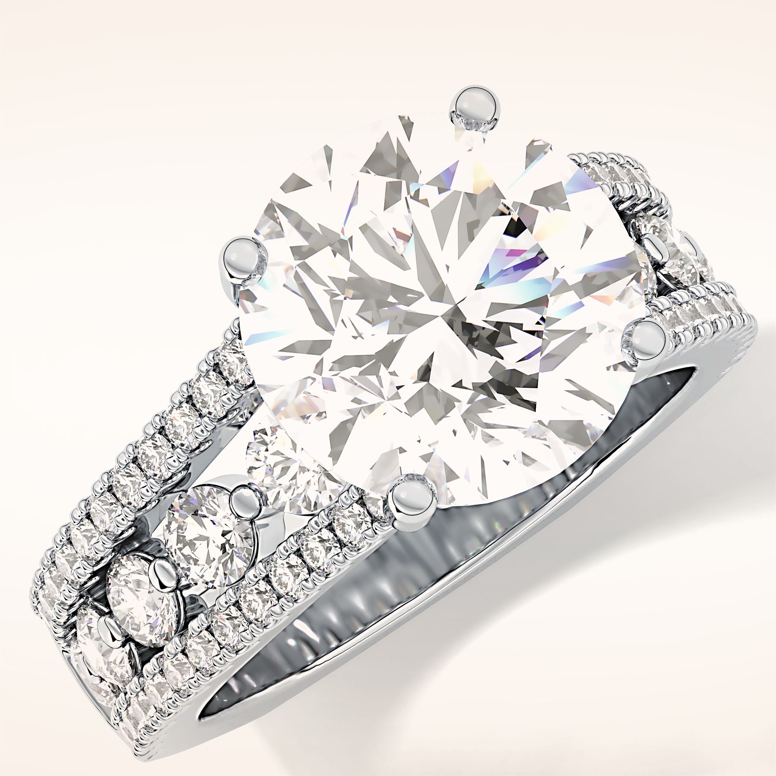 3.91 CT Round Shaped Split Shank & Pave Moissanite Engagement Ring