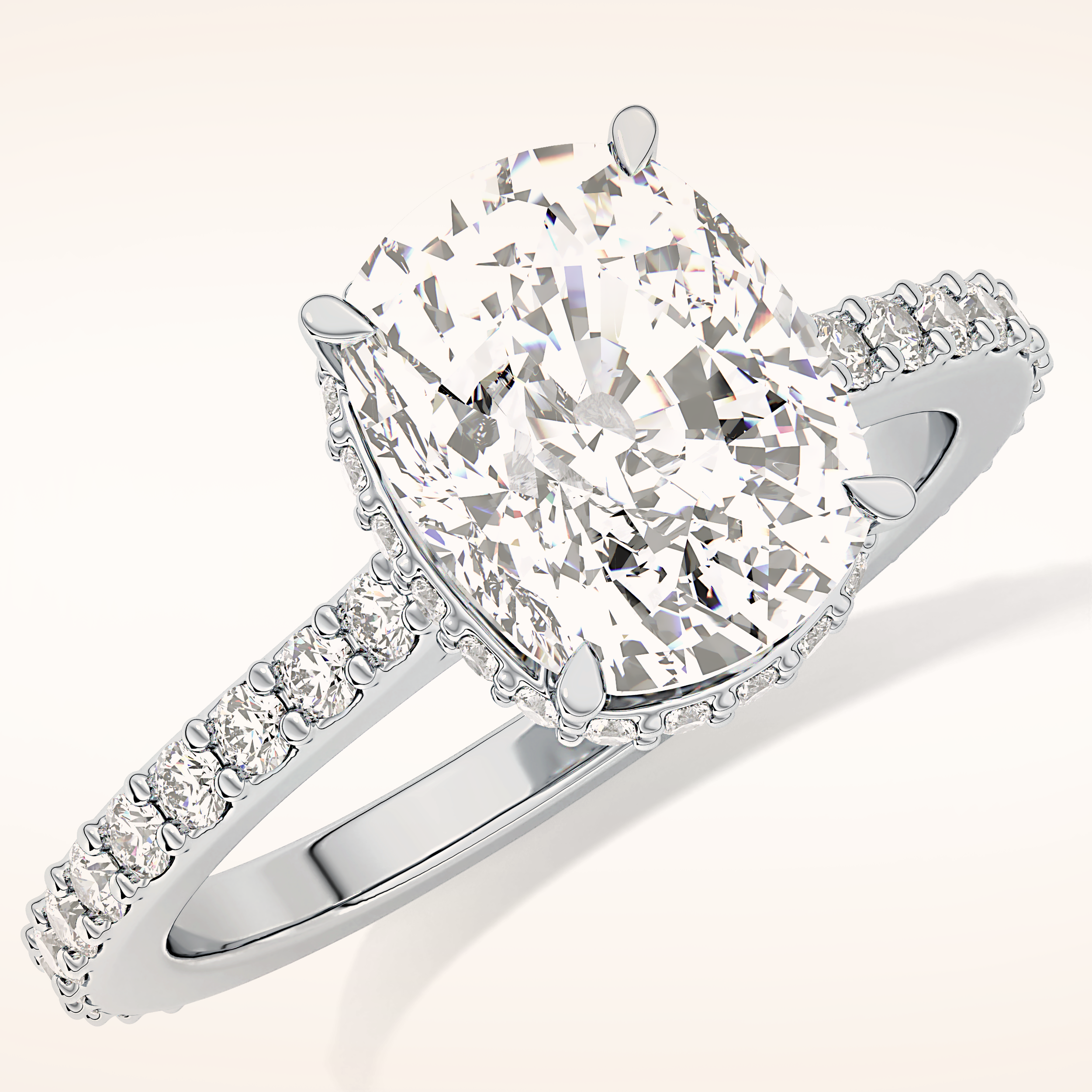 3.55 CT Cushion Shaped Hidden Halo & Pave Moissanite Engagement Ring