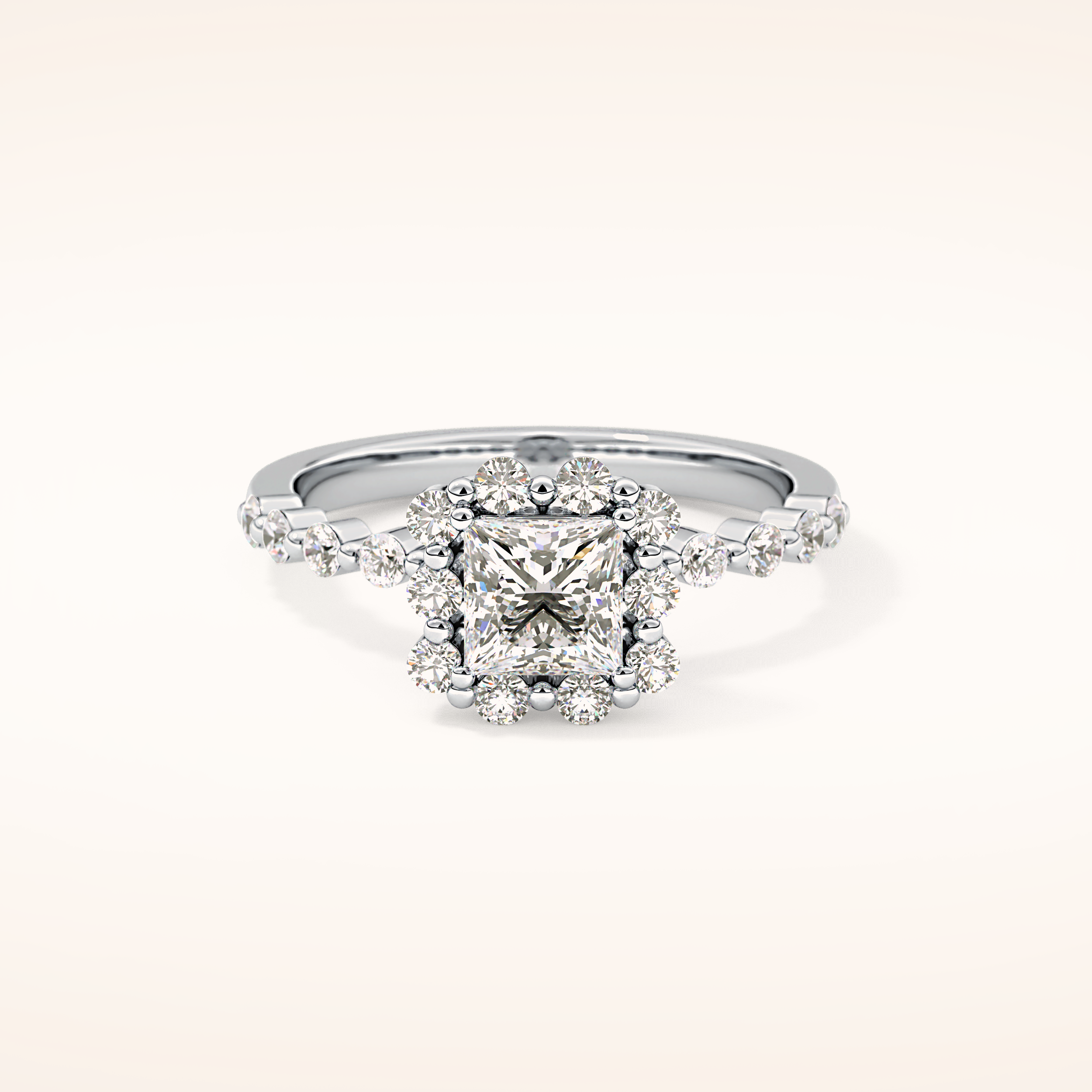 0.78 CT Princess Shaped Halo & Pave Moissanite Engagement Ring