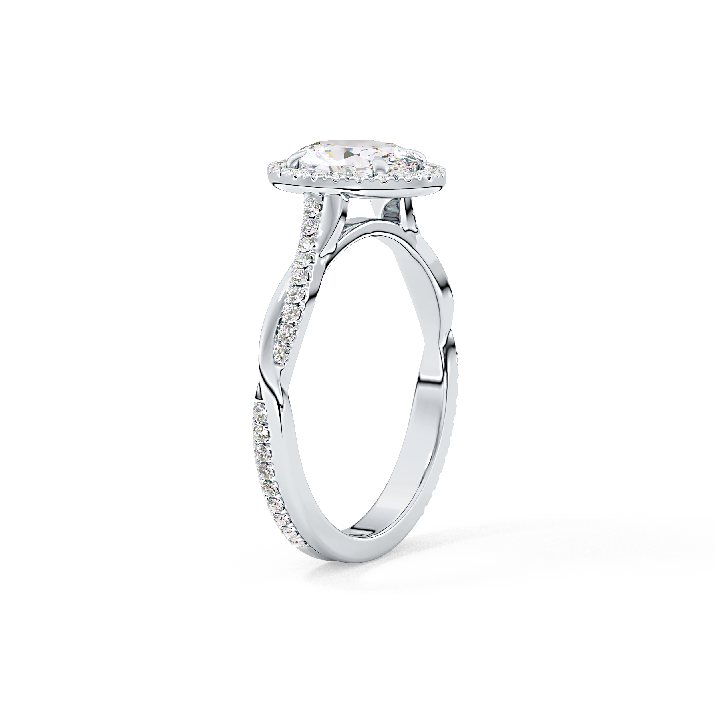 Oval Twisted Shank, Halo and Pave Lab Grown Diamond Engagement Ring
