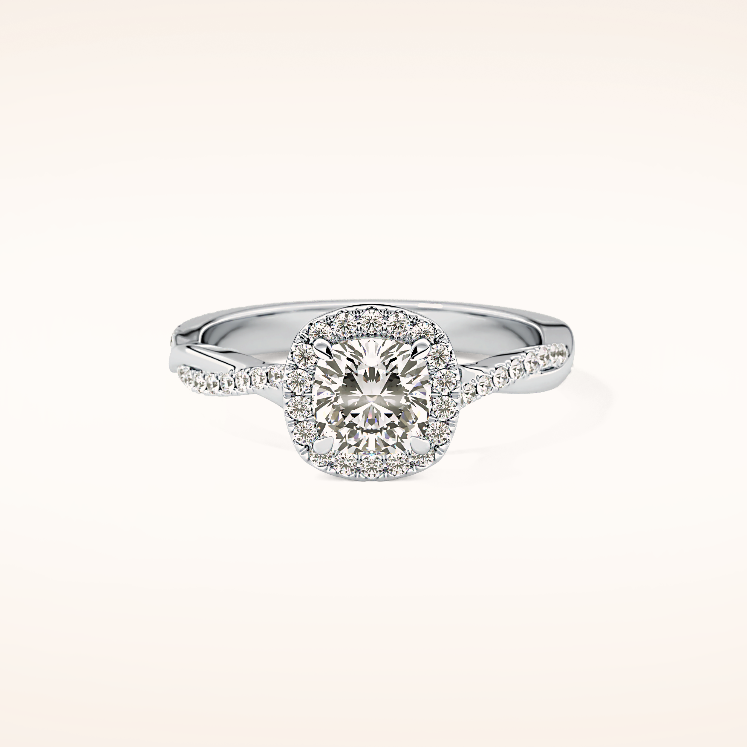 0.86 CT Cushion Shaped Halo & Pave Twisted Shank Moissanite Engagement Ring