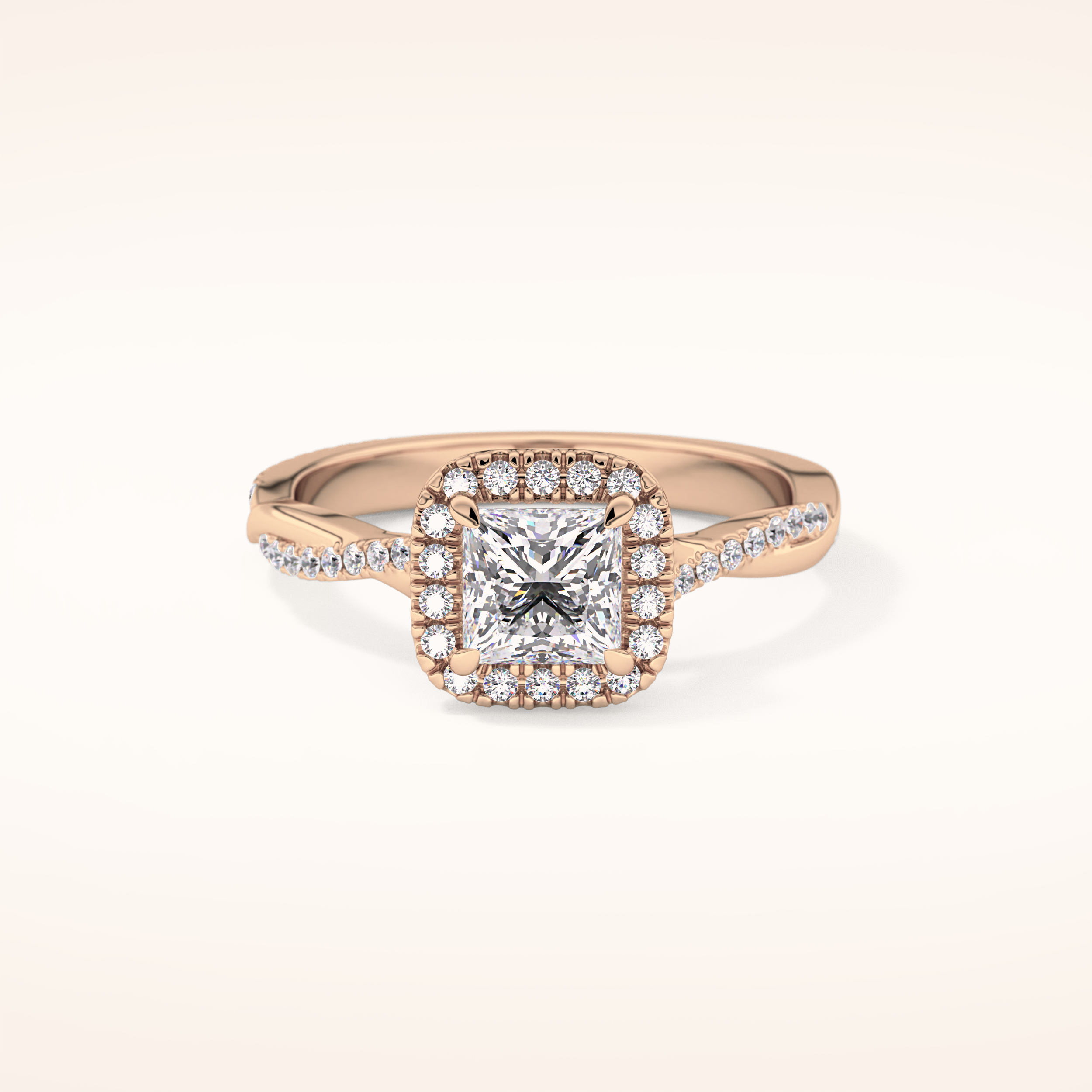 0.78 CT Princess Shaped Halo & Pave Twisted Shank Moissanite Engagement Ring