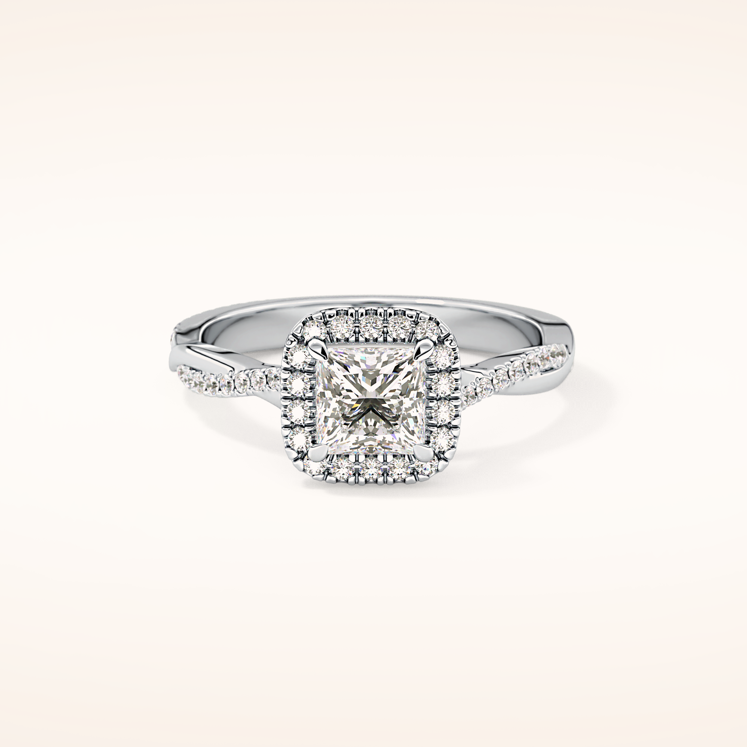 0.78 CT Princess Shaped Halo & Pave Twisted Shank Moissanite Engagement Ring