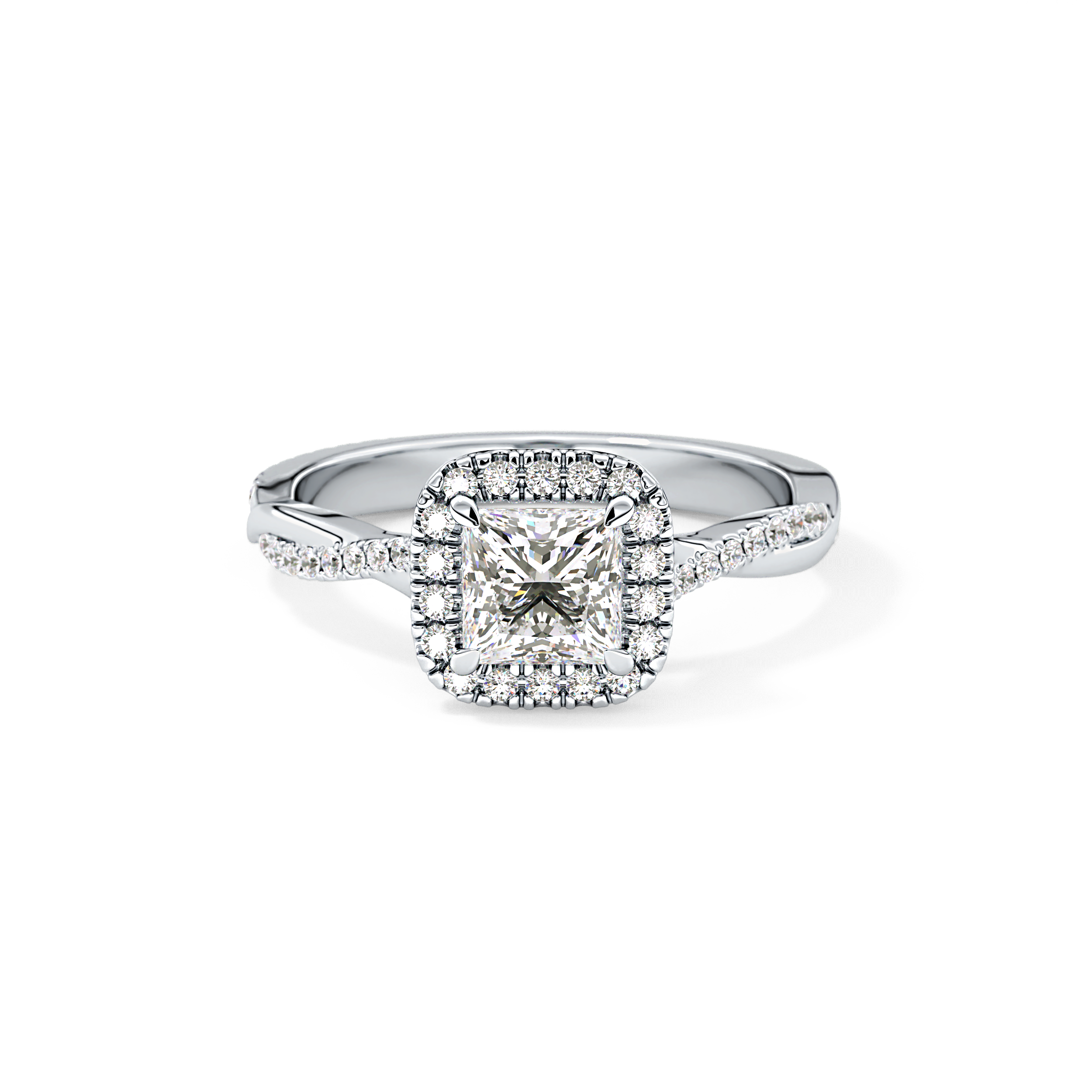 Princess Twisted Shank, Halo and Pave Lab Grown Diamond Engagement Ring