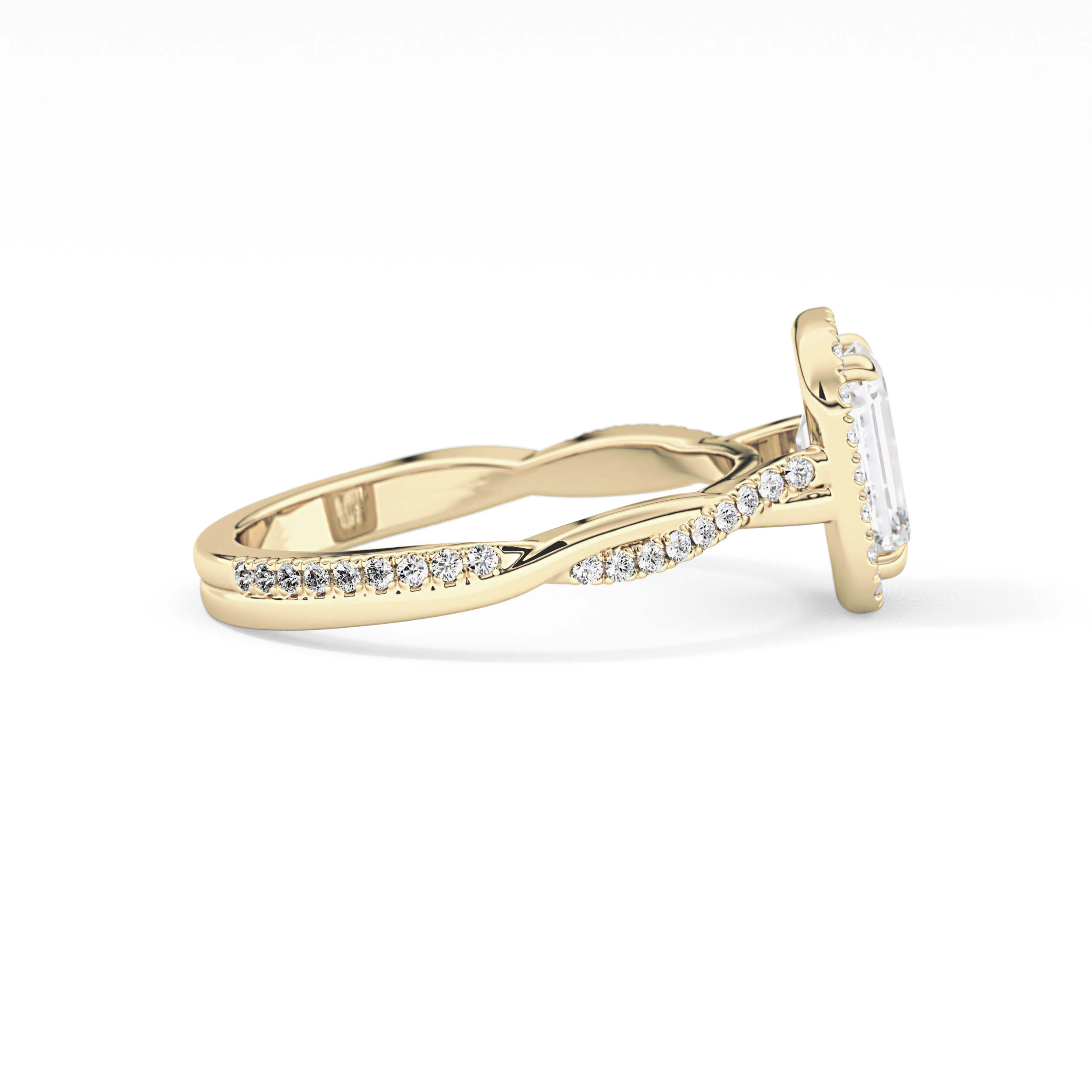 Emerald Twisted Shank, Halo and Pave Lab Grown Diamond Engagement Ring