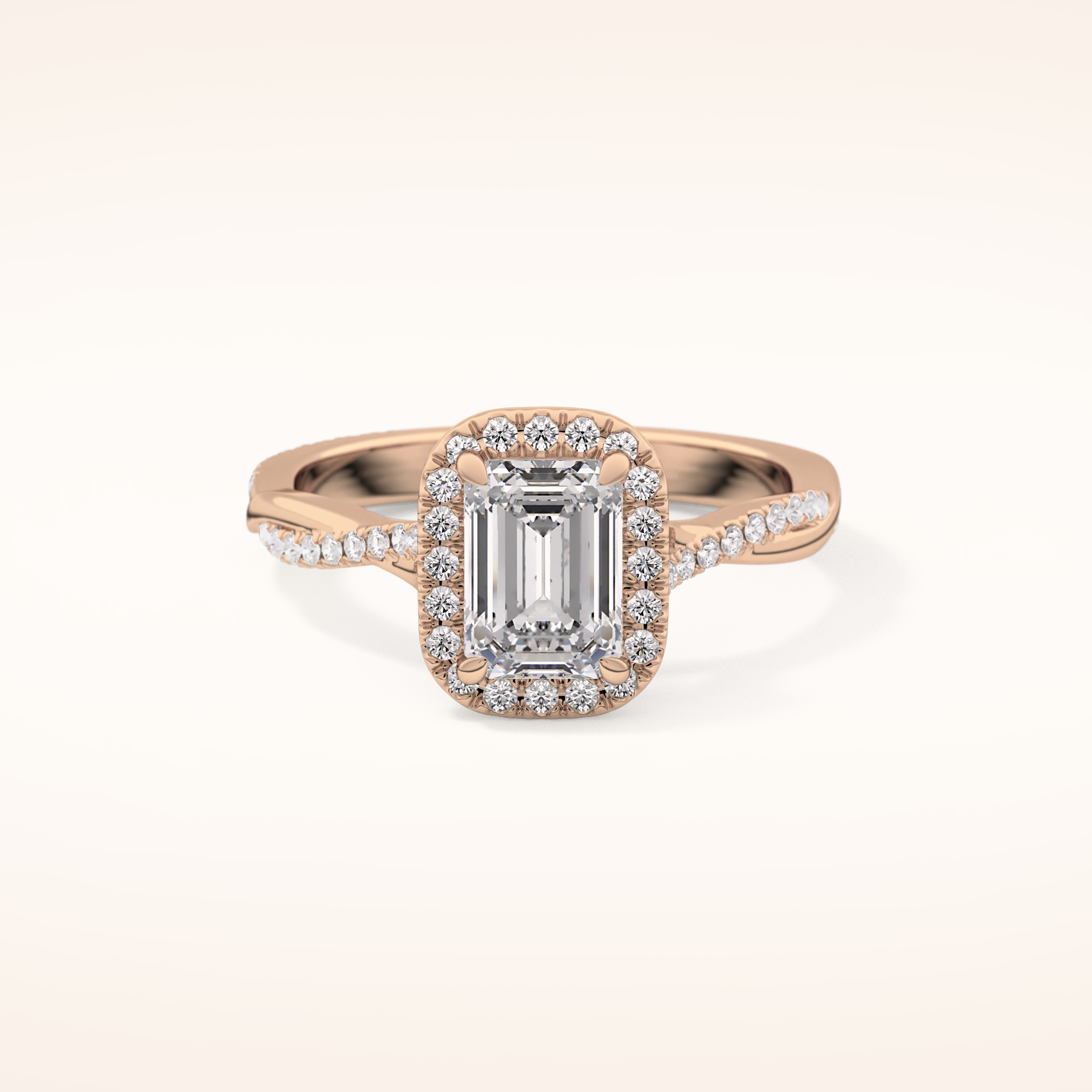 1.02 CT Emerald Shaped Halo & Pave Twisted Shank Moissanite Engagement Ring