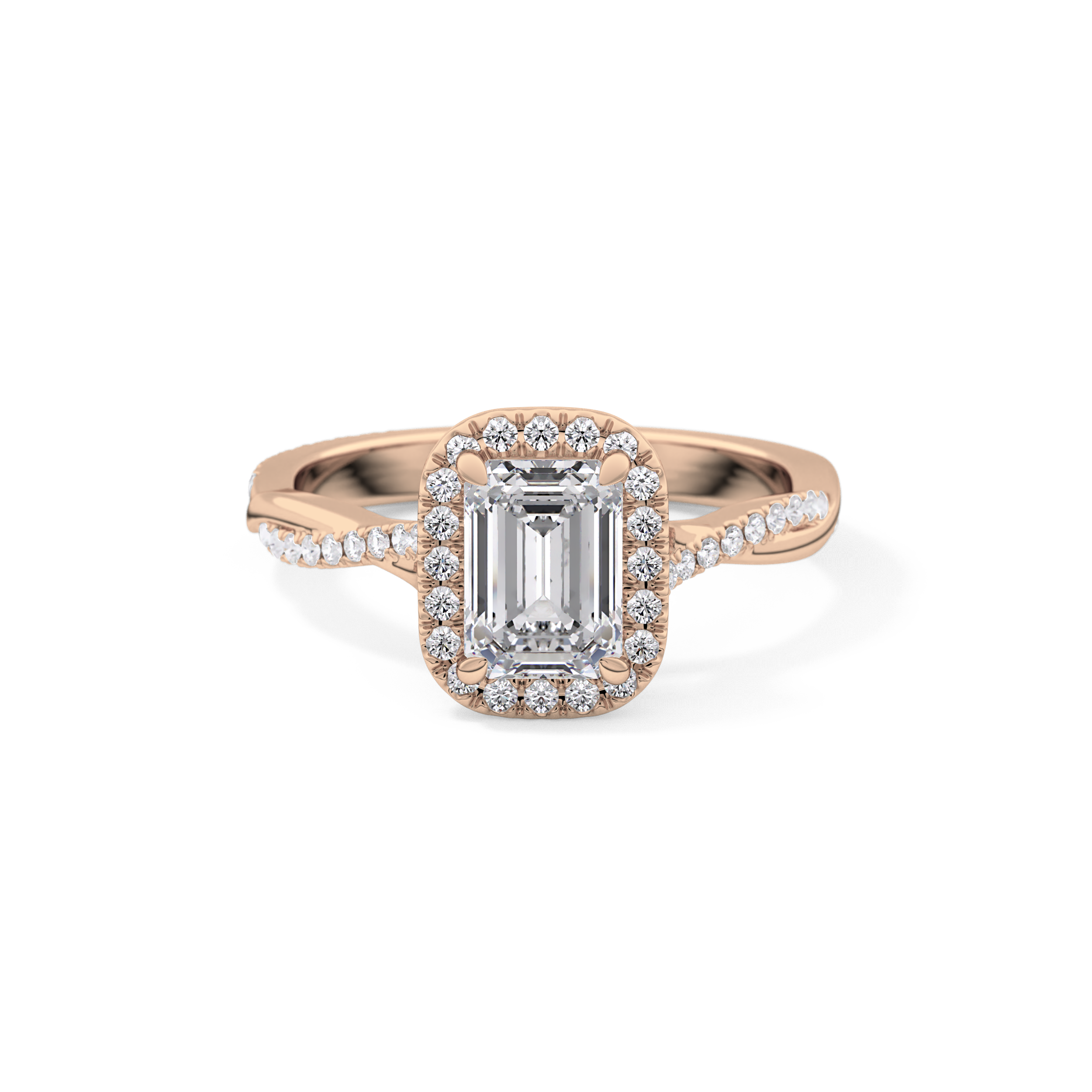 Emerald Twisted Shank, Halo and Pave Lab Grown Diamond Engagement Ring